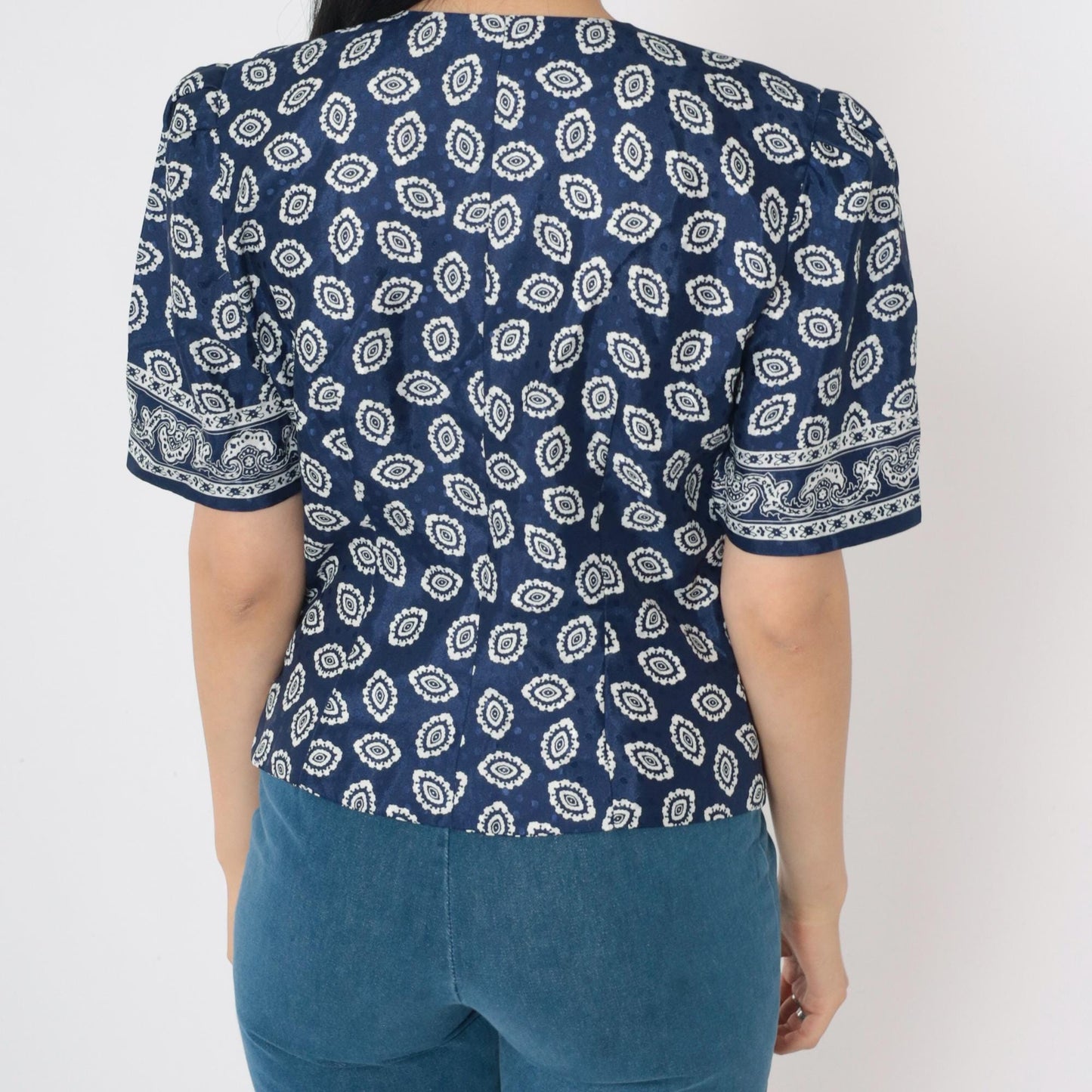 80s Blue Geometric Medallion Puff Sleeve Blouse Pearl Button Small