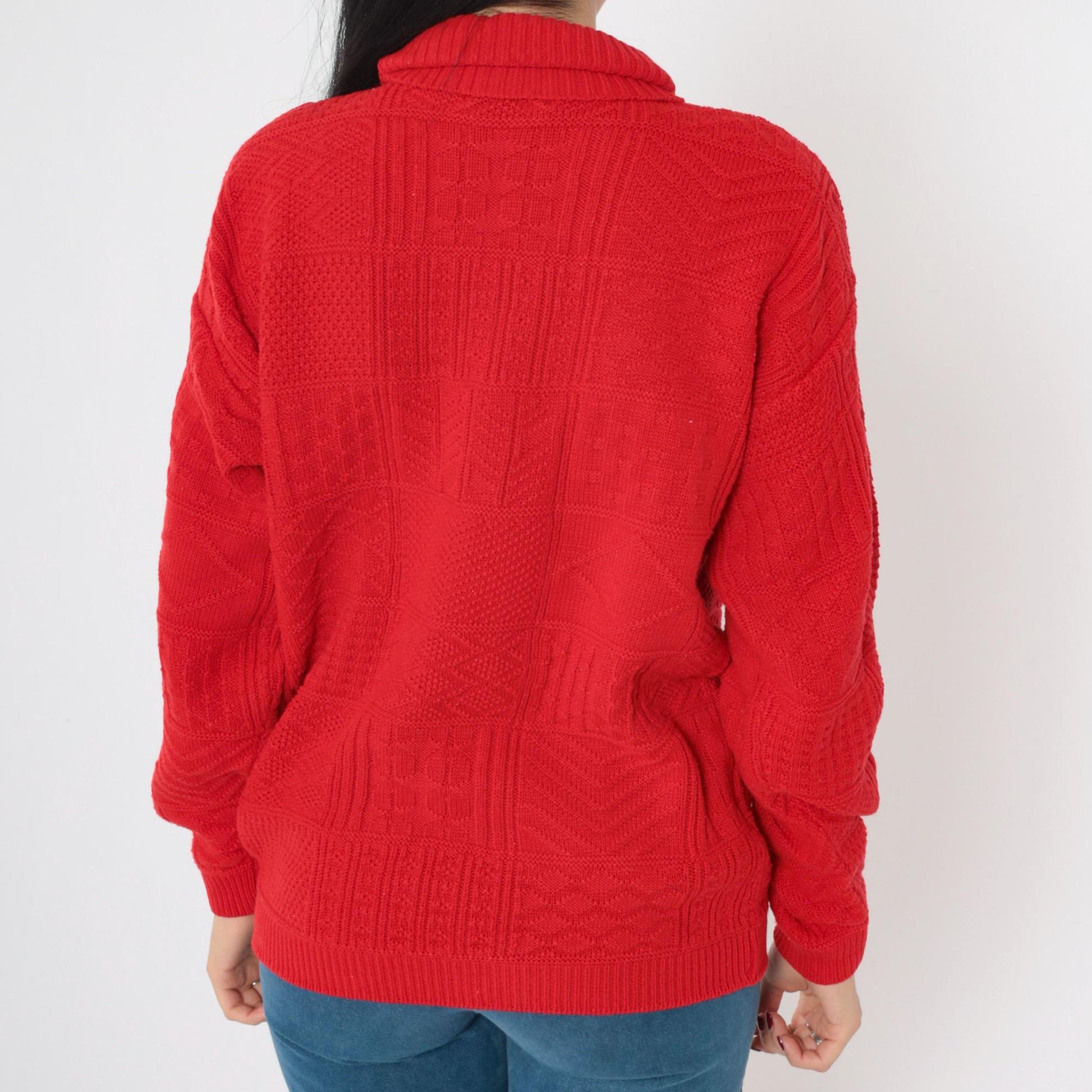 80s Red Textured Turtleneck Sweater Acrylic Knit Pullover Medium M