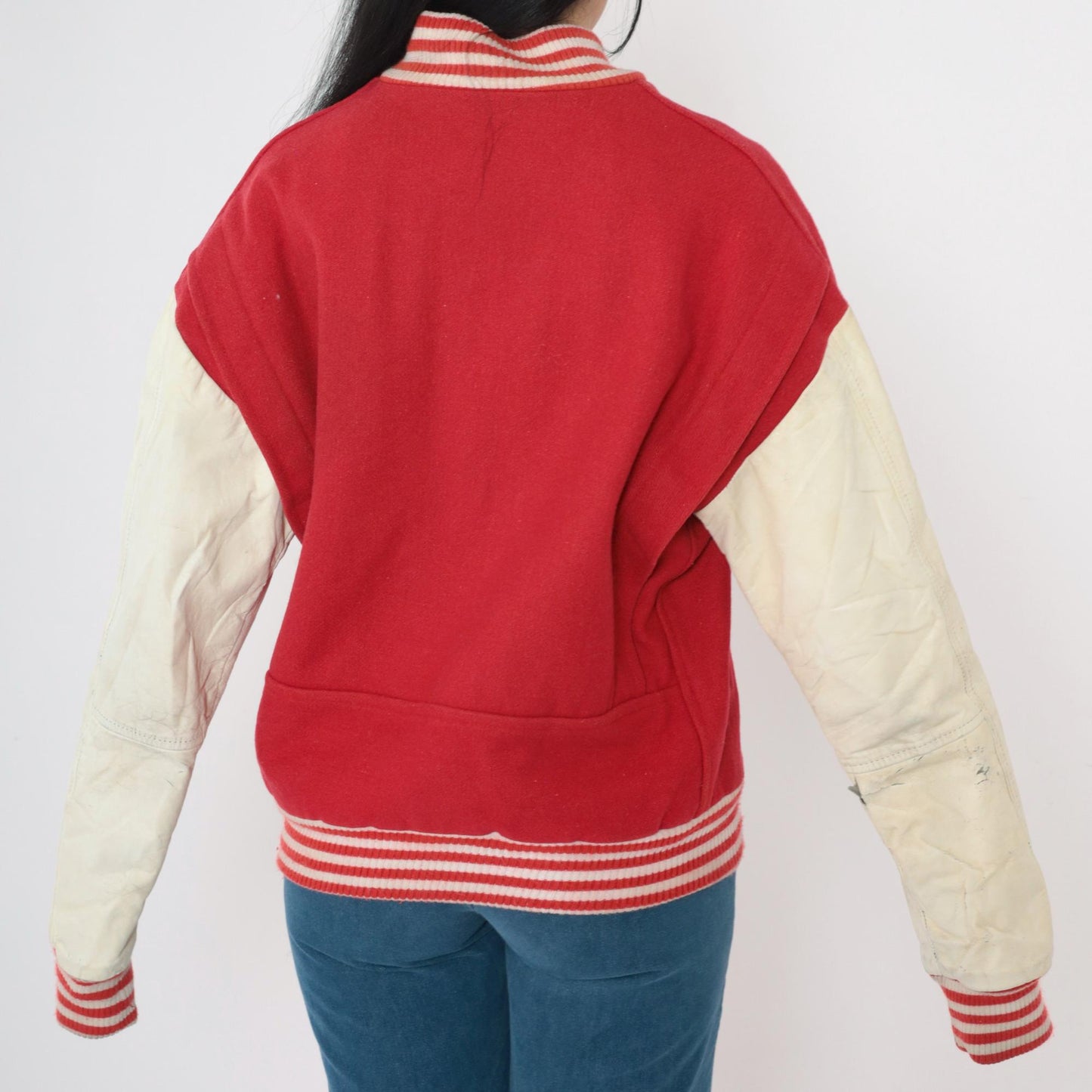 80s Red Wool Varsity Jacket Leather Sleeves Distressed Snap Medium M
