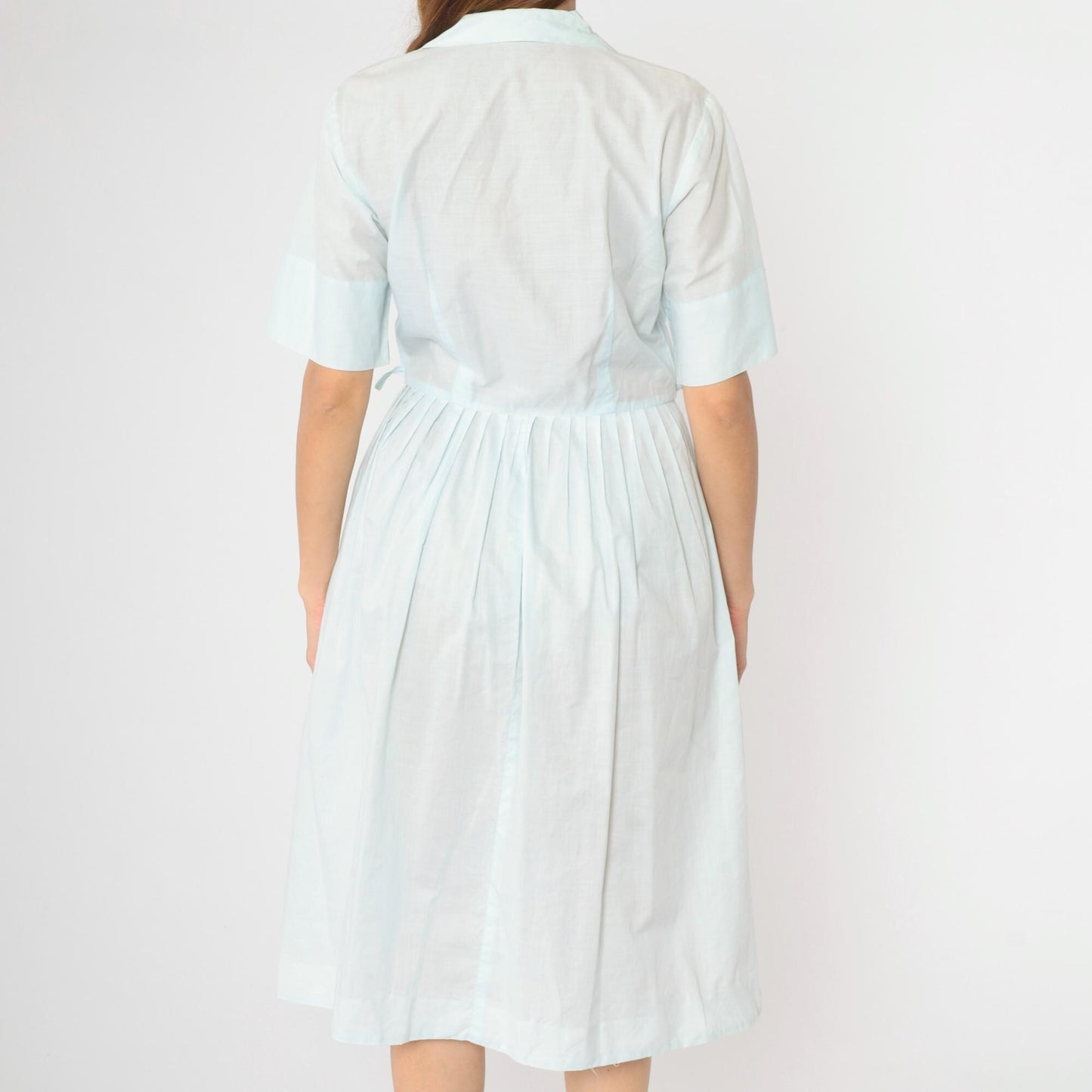 60s Light Blue Pintuck Day Dress Lace Trim Button-Up Shirtwaist Medium