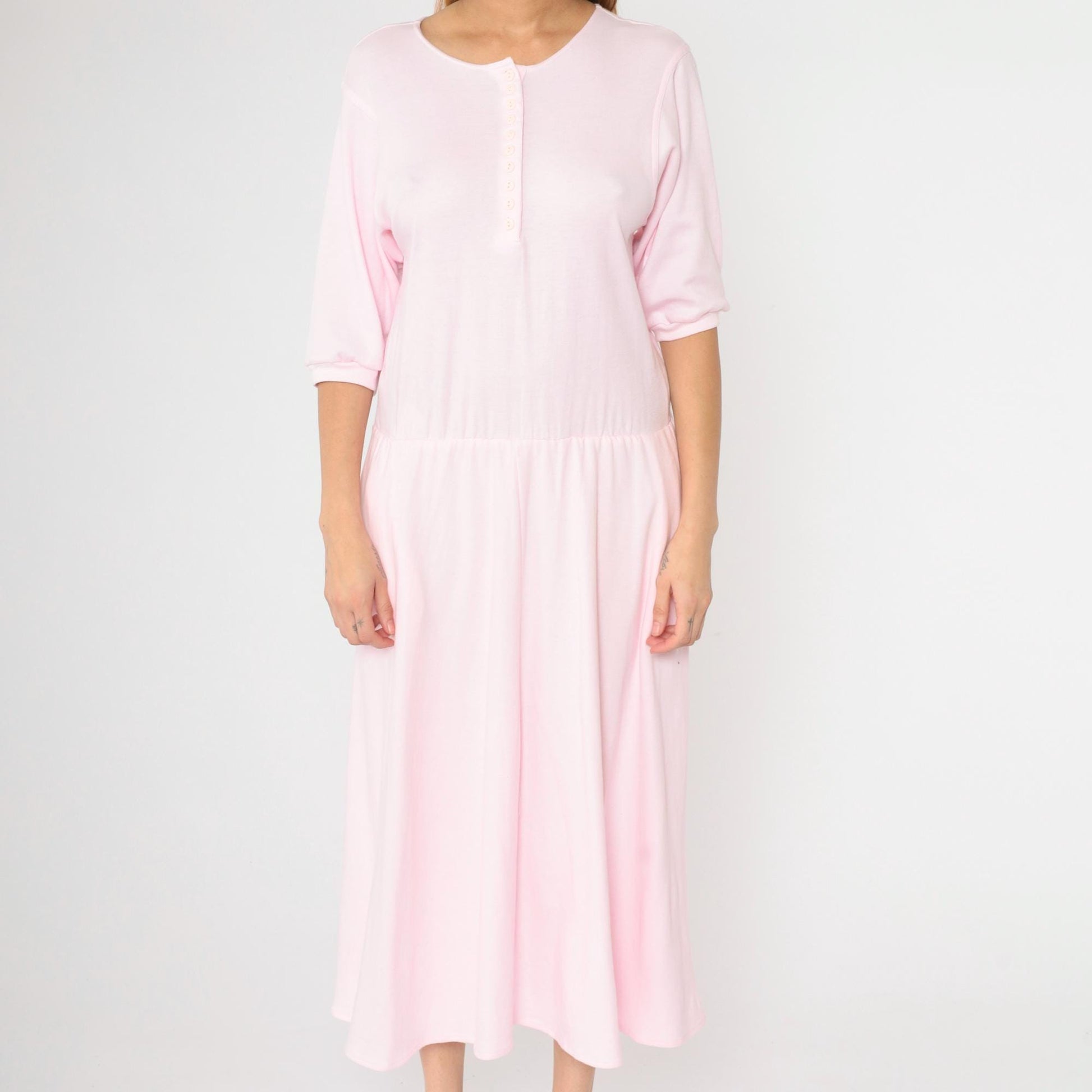 80s Baby Pink Midi Shirtdress Button-Up High Waist Half Sleeve Medium