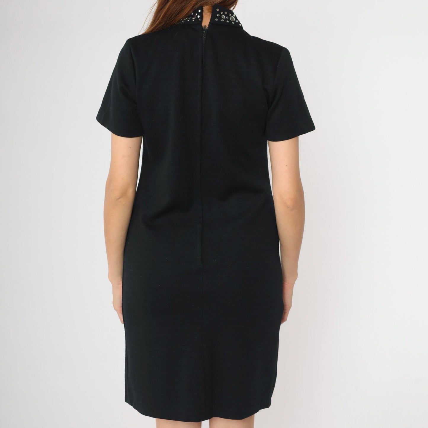 60s Black Wool Mini Shift Dress Studded Neckline Small S