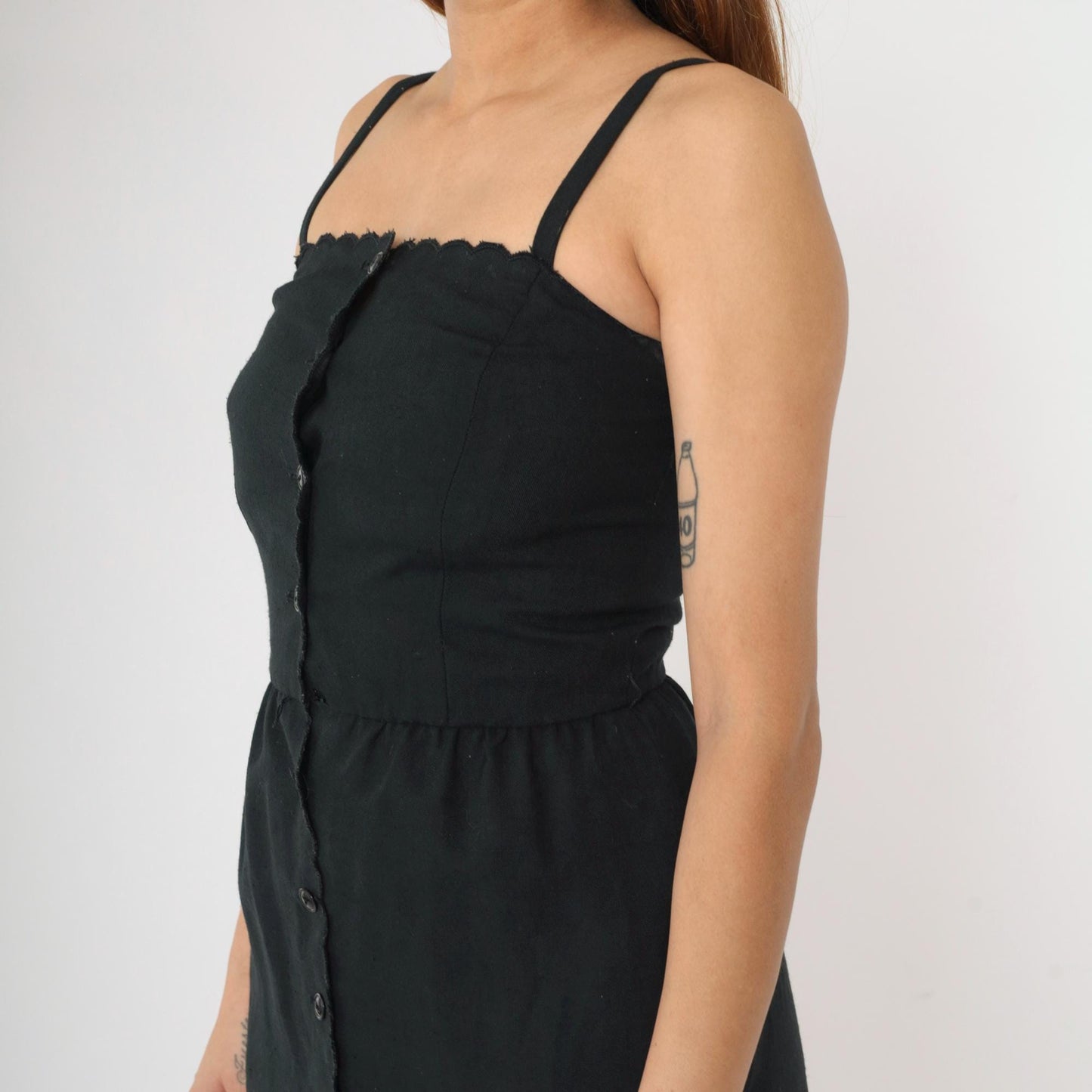 80s Black Midi Sundress Scalloped Neckline Button Front High Waist Spaghetti Strap XS