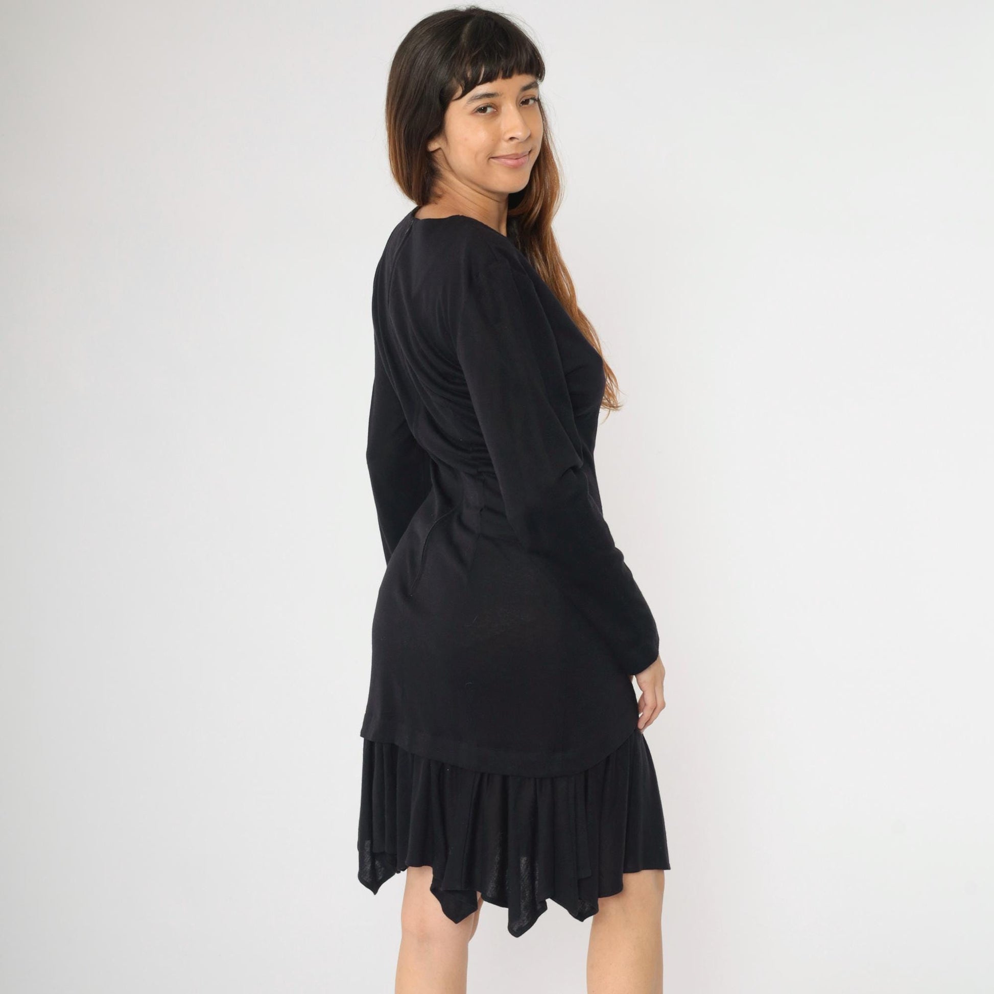 90s Black Knit Dress Asymmetric Layered Hem Long Sleeve Midi Medium