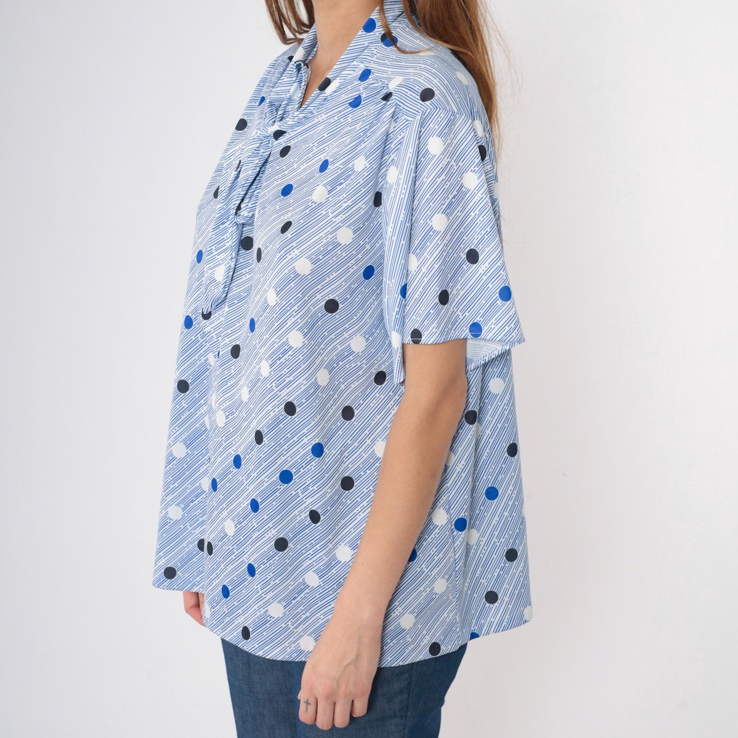 80s Tiger Lily Polka Dot Ascot Blouse Blue White Striped Short Sleeve Extra Large