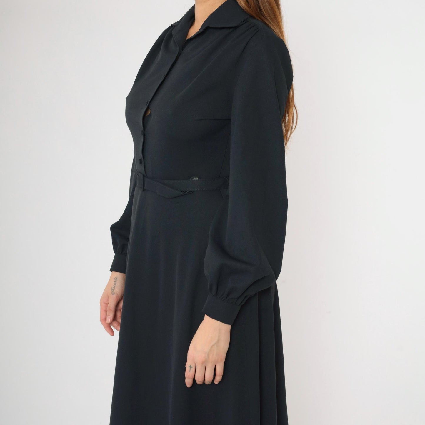 70s Black Midi Shirtdress Button-Up High Waisted Belted Collared Small S