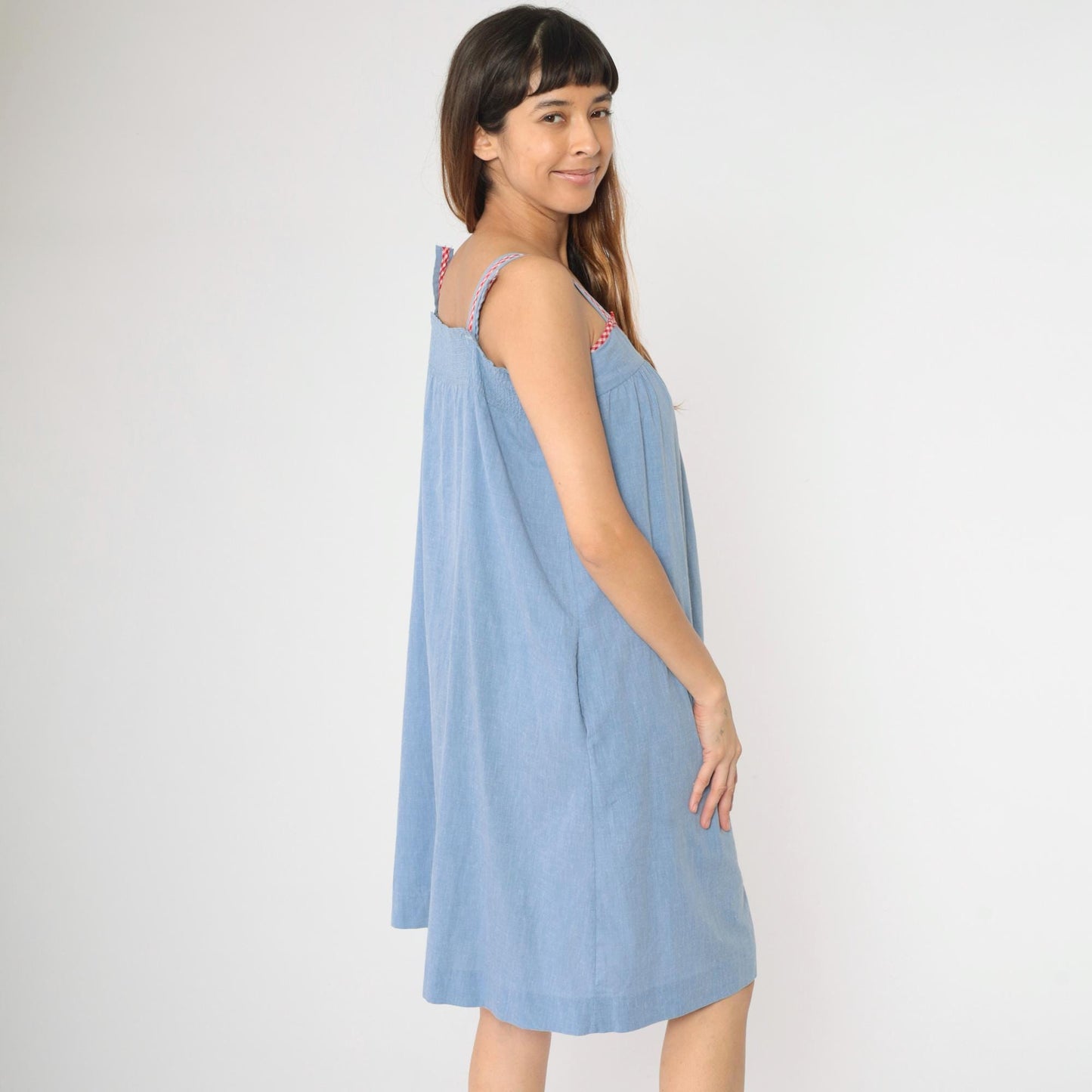 80s Blue Chambray Midi Dress Floral Embroidered Snap Button Sleeveless Small Medium