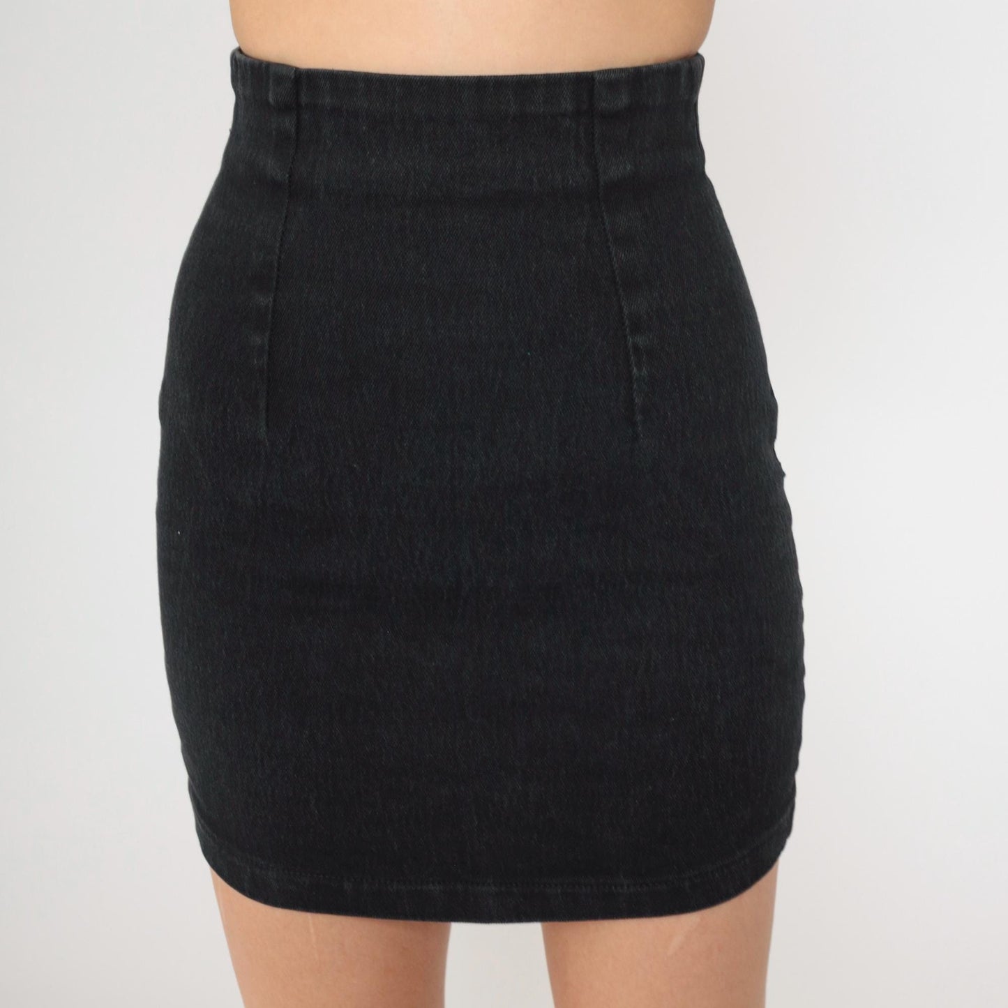 90s Black Denim Mini Skirt High Waist Bodycon Jean Skirt Extra Small