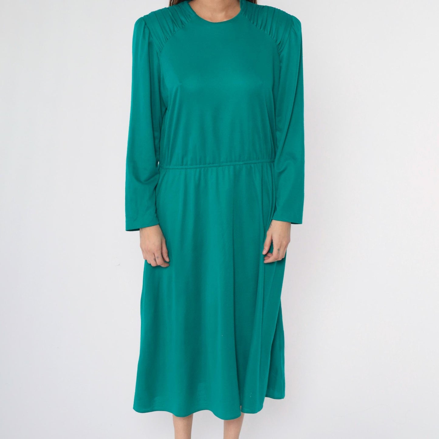 80s Teal Midi Dress Puff Sleeve High Waist Ruched Shoulders Large L