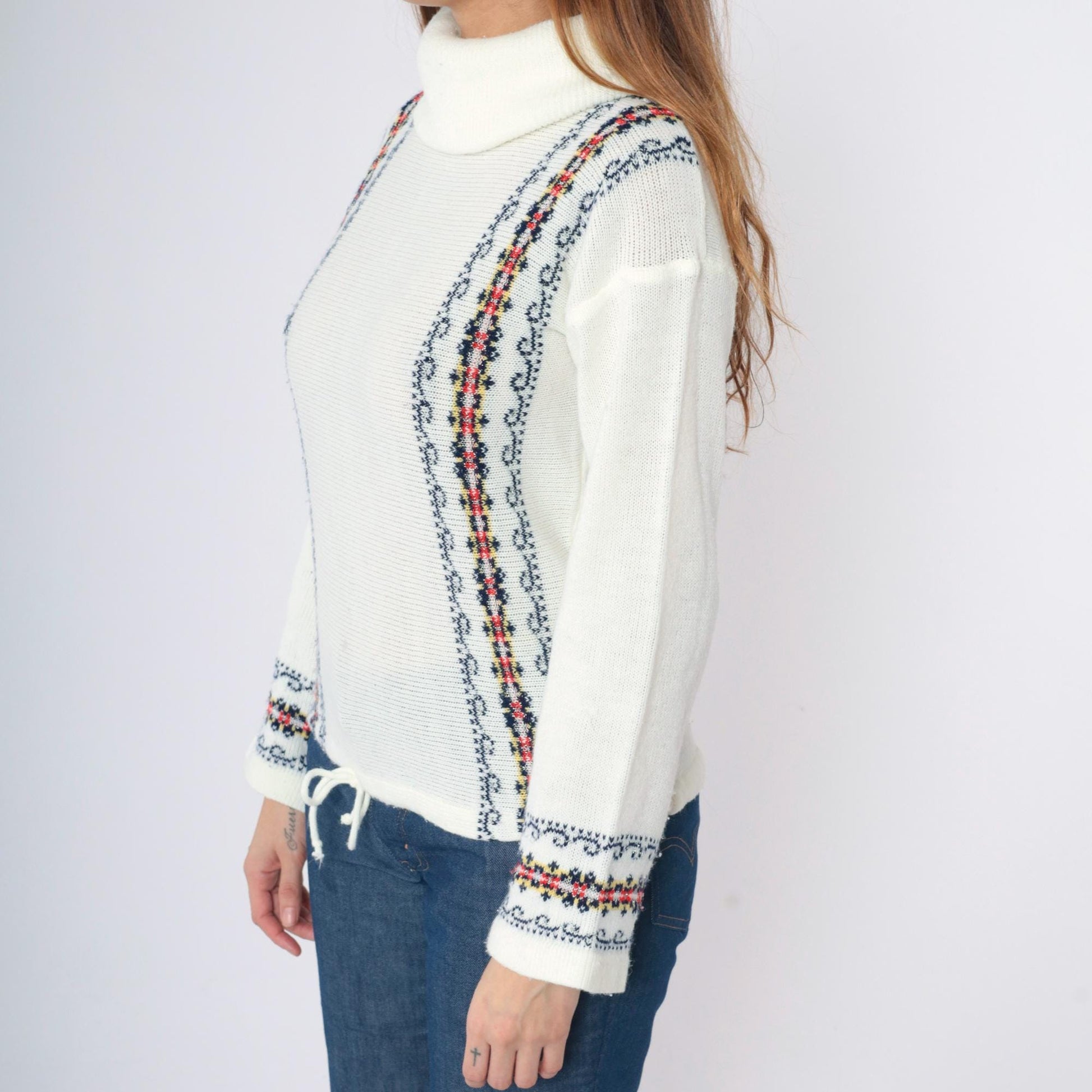 70s White Turtleneck Sweater Metallic Floral Stripe Knit Wide Sleeve Small