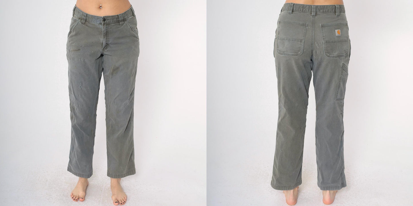 Y2K Carhartt Olive Canvas Work Pants Distressed Straight Leg 32x32 Men's