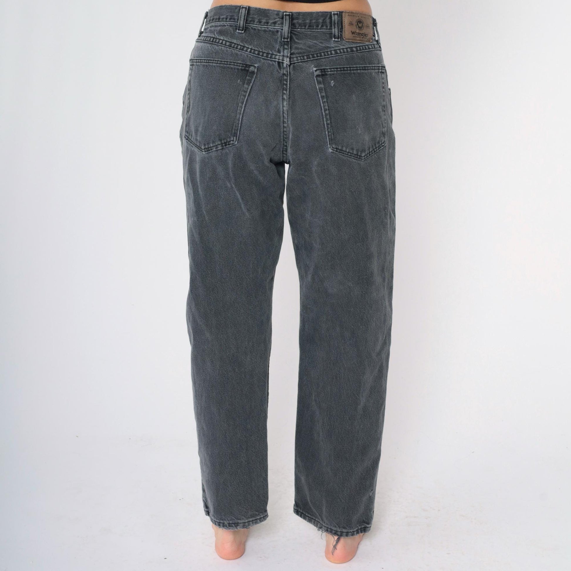 90s Wrangler Faded Black Straight Leg Jeans Knee Rip High Rise 32x30 Men's