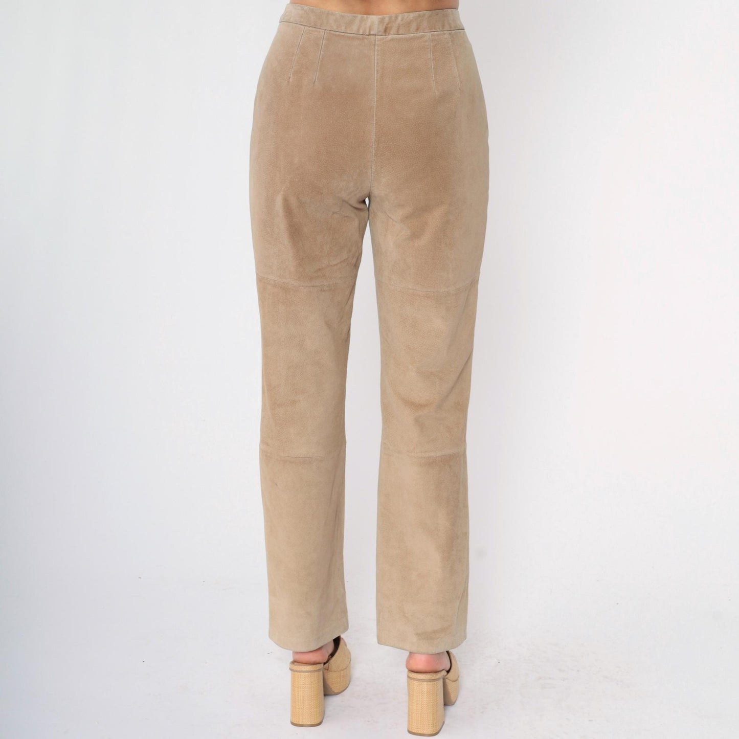 Y2K Tan Suede Leather Pants Straight Leg High Waist Modern Images Medium M