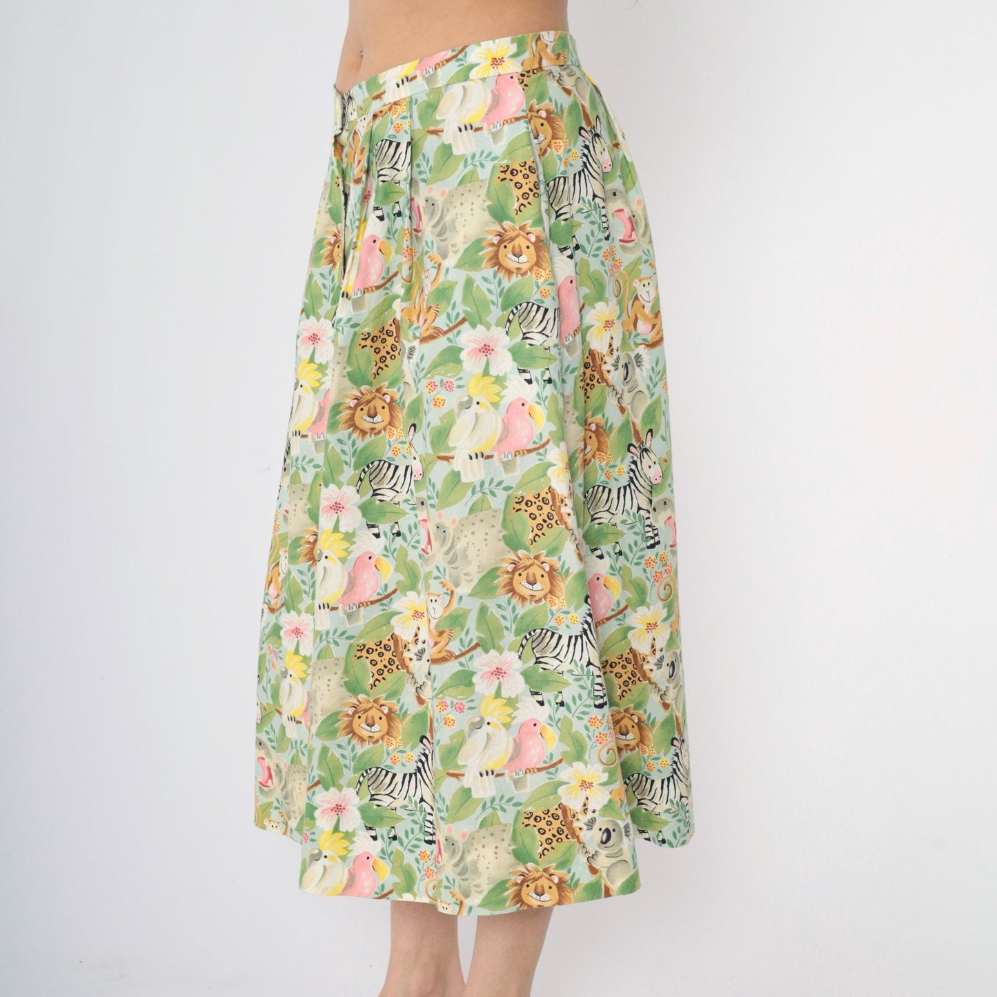 90s Safari Animal Print Midi Skirt Button Front Green Floral Medium