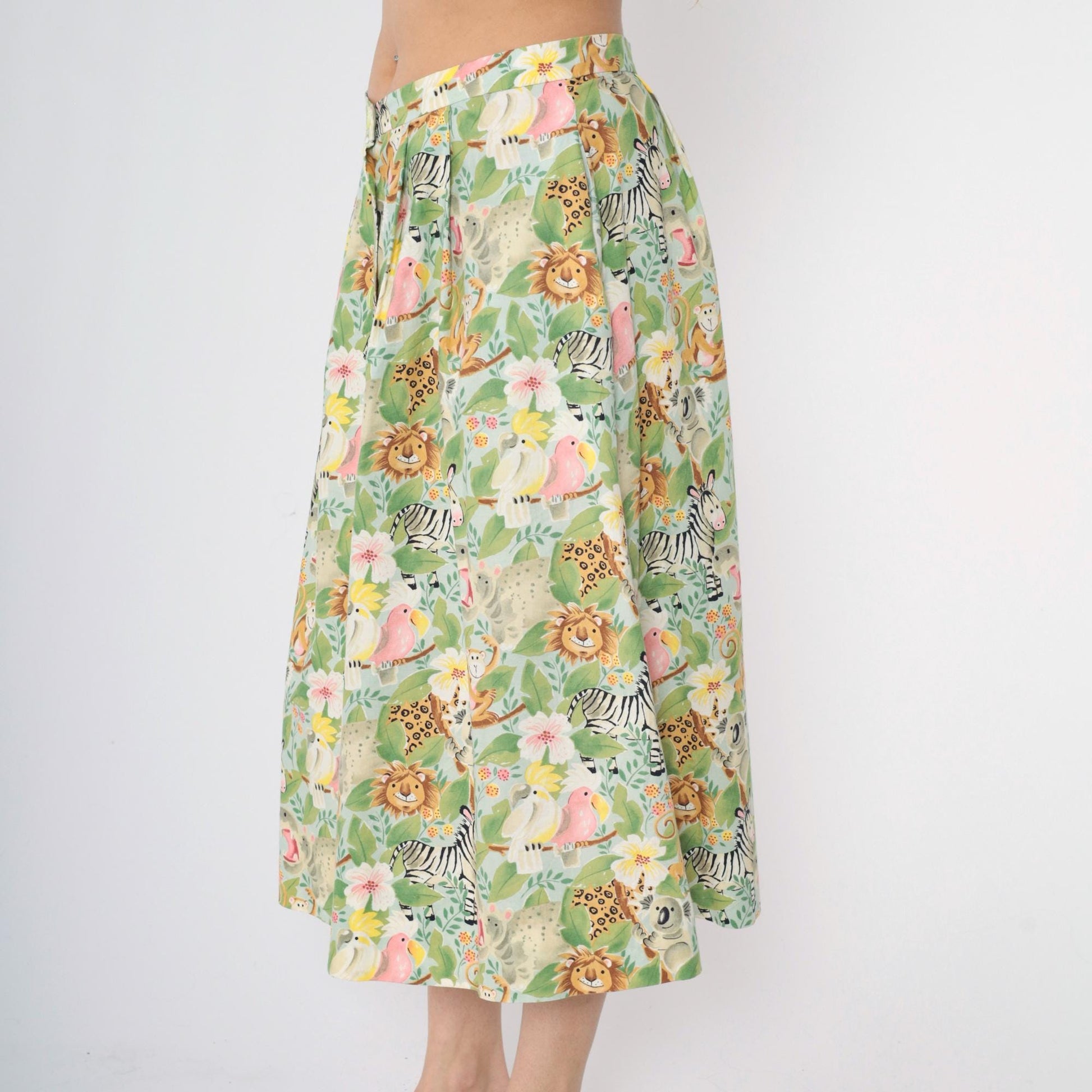 90s Safari Animal Print Midi Skirt Button Front Green Floral Medium