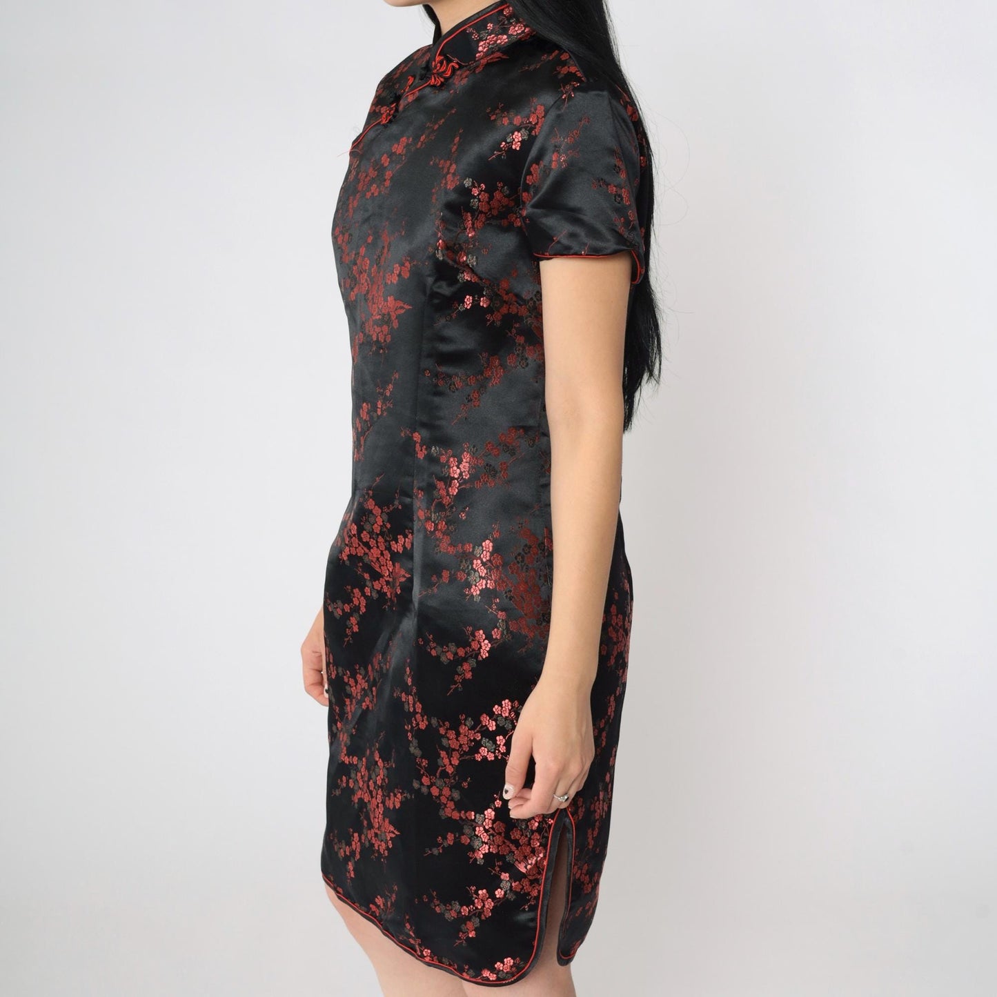 90s Black Satin Cheongsam Red Floral Jacquard Qipao Mini Dress Medium
