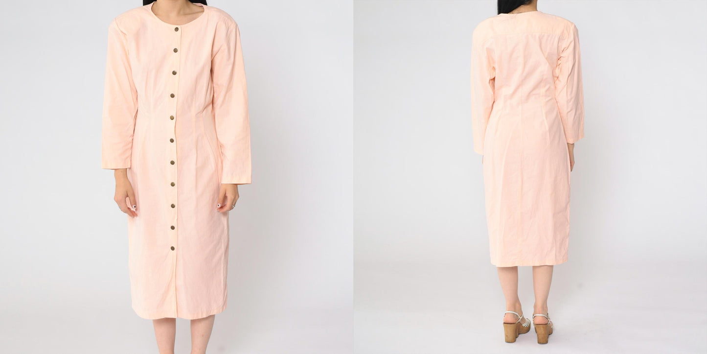 80s Luelle Pink Snap-Front Sheath Midi Dress Long Sleeve Small