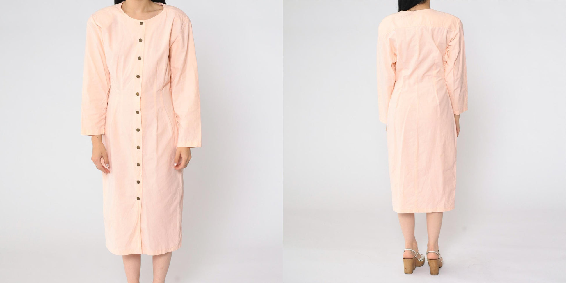 80s Luelle Pink Snap-Front Sheath Midi Dress Long Sleeve Small