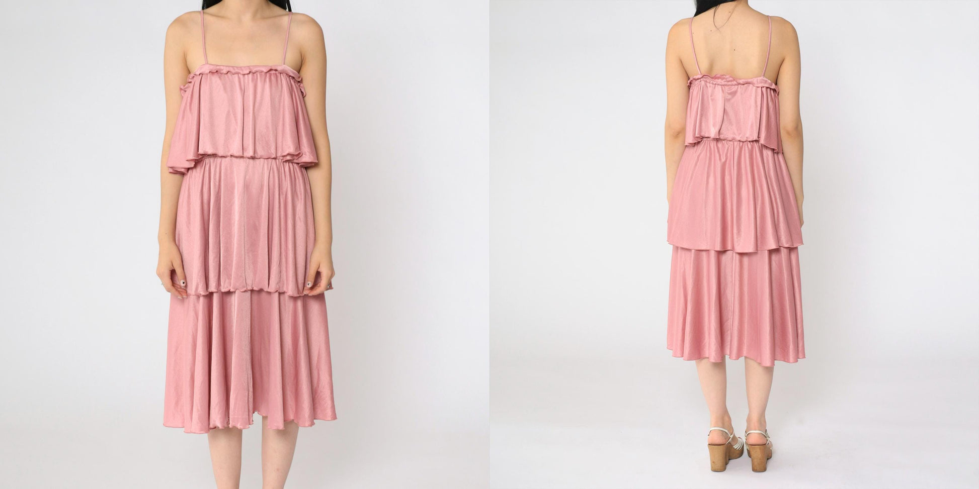70s Tiered Disco Dress Pink Spaghetti Strap Midi Elastic Waist Medium