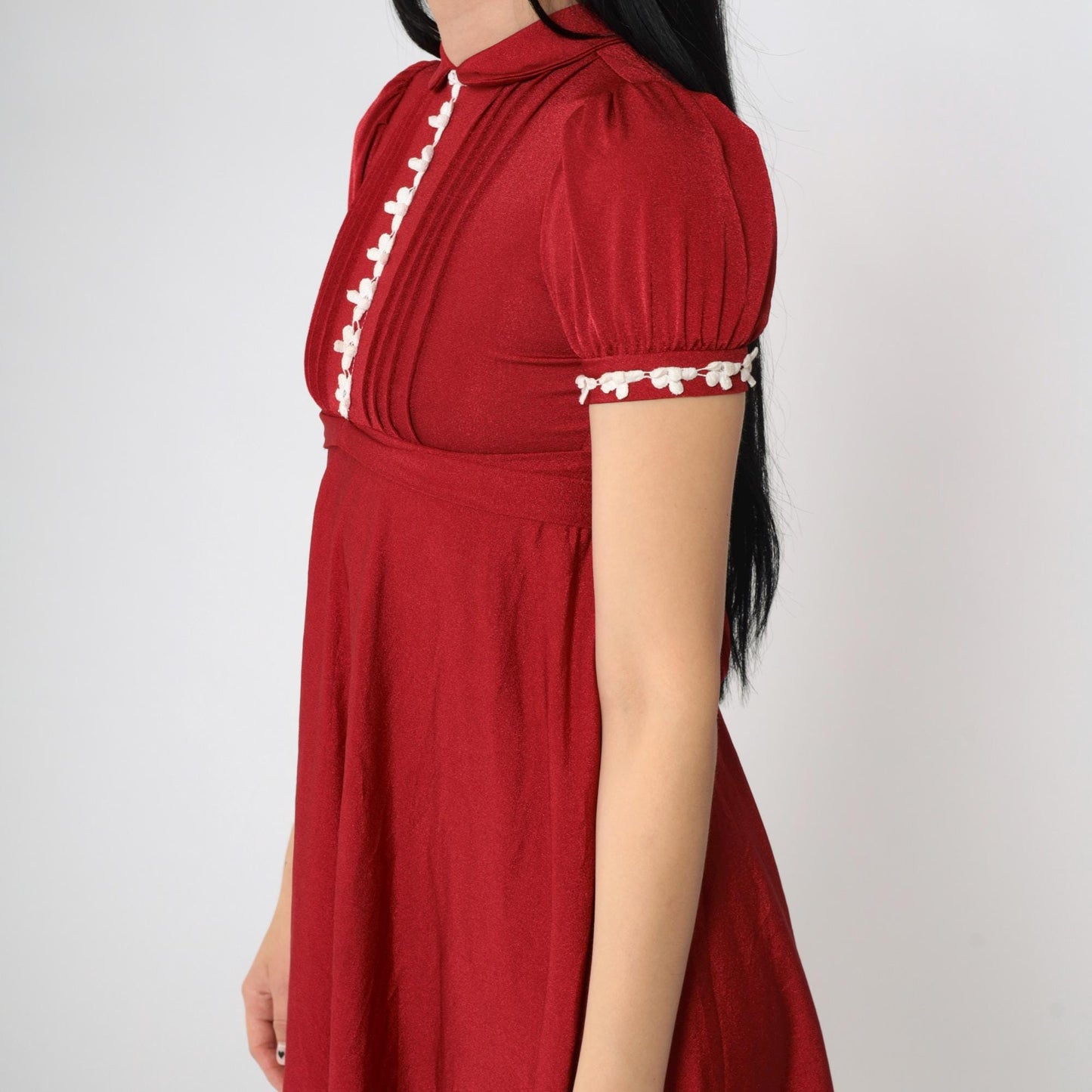 70s Red Babydoll Mini Dress Peter Pan Collar Puff Sleeve Lace Trim XXS