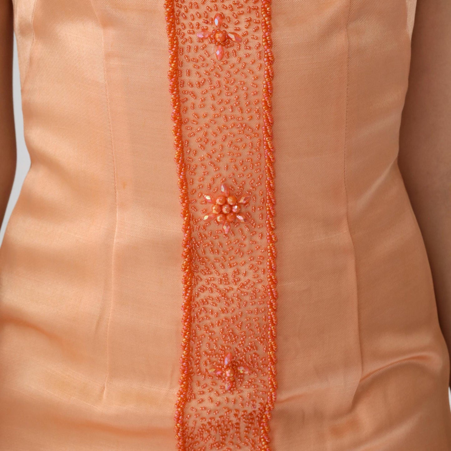 1960s Peach Beaded Sheath Dress Sleeveless V-Neck Mini Extra Small