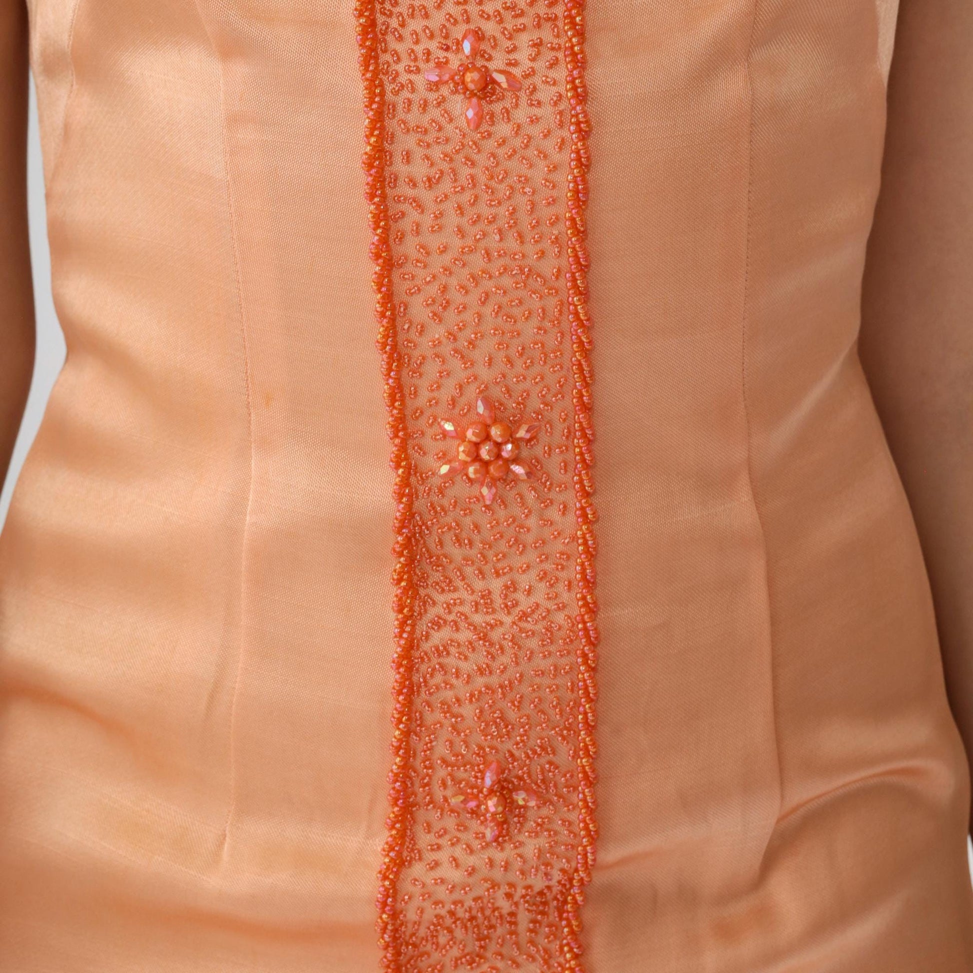 1960s Peach Beaded Sheath Dress Sleeveless V-Neck Mini Extra Small