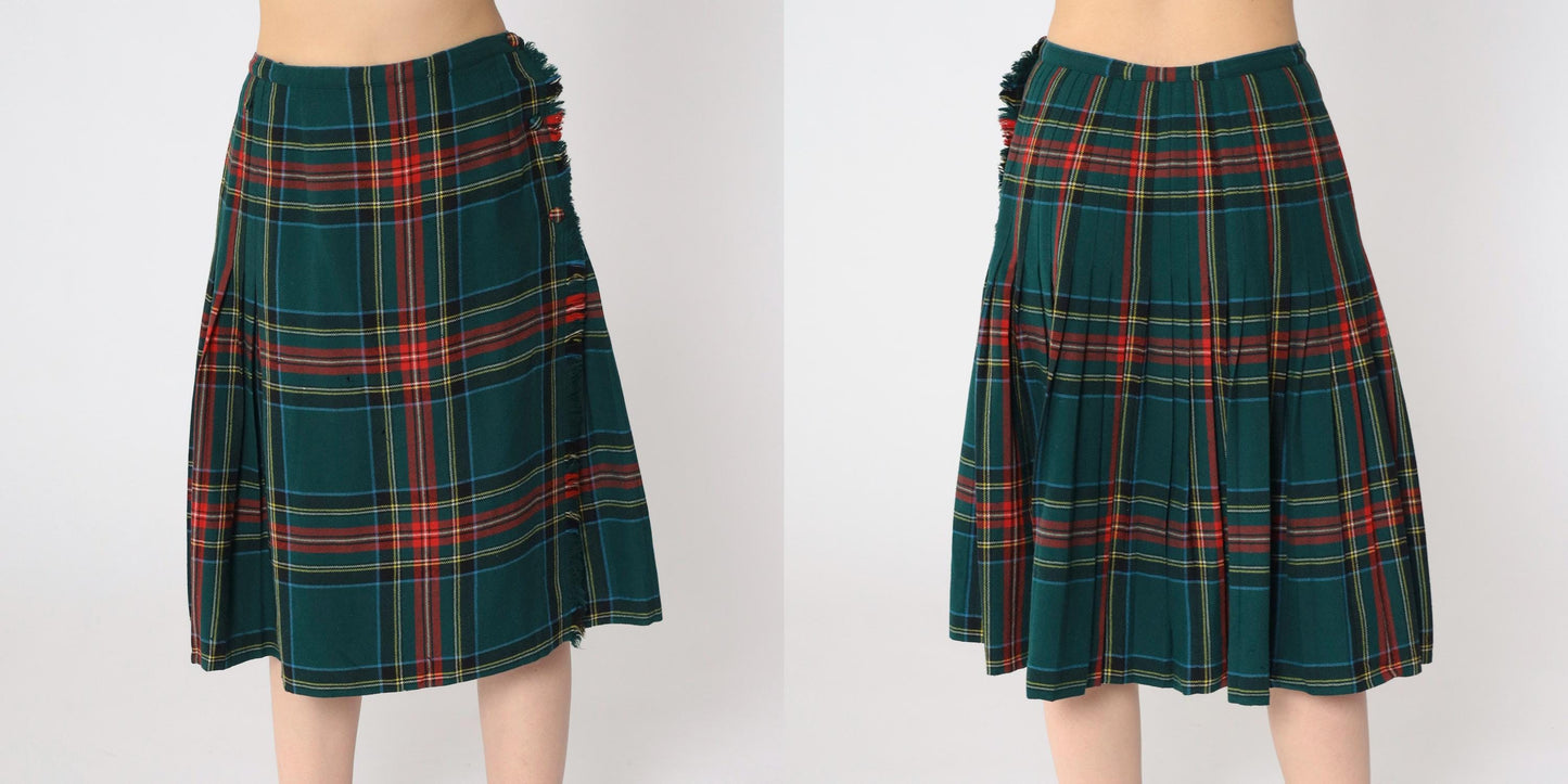 70s Green Plaid Wool Midi Skirt High Waisted Pleated Small S