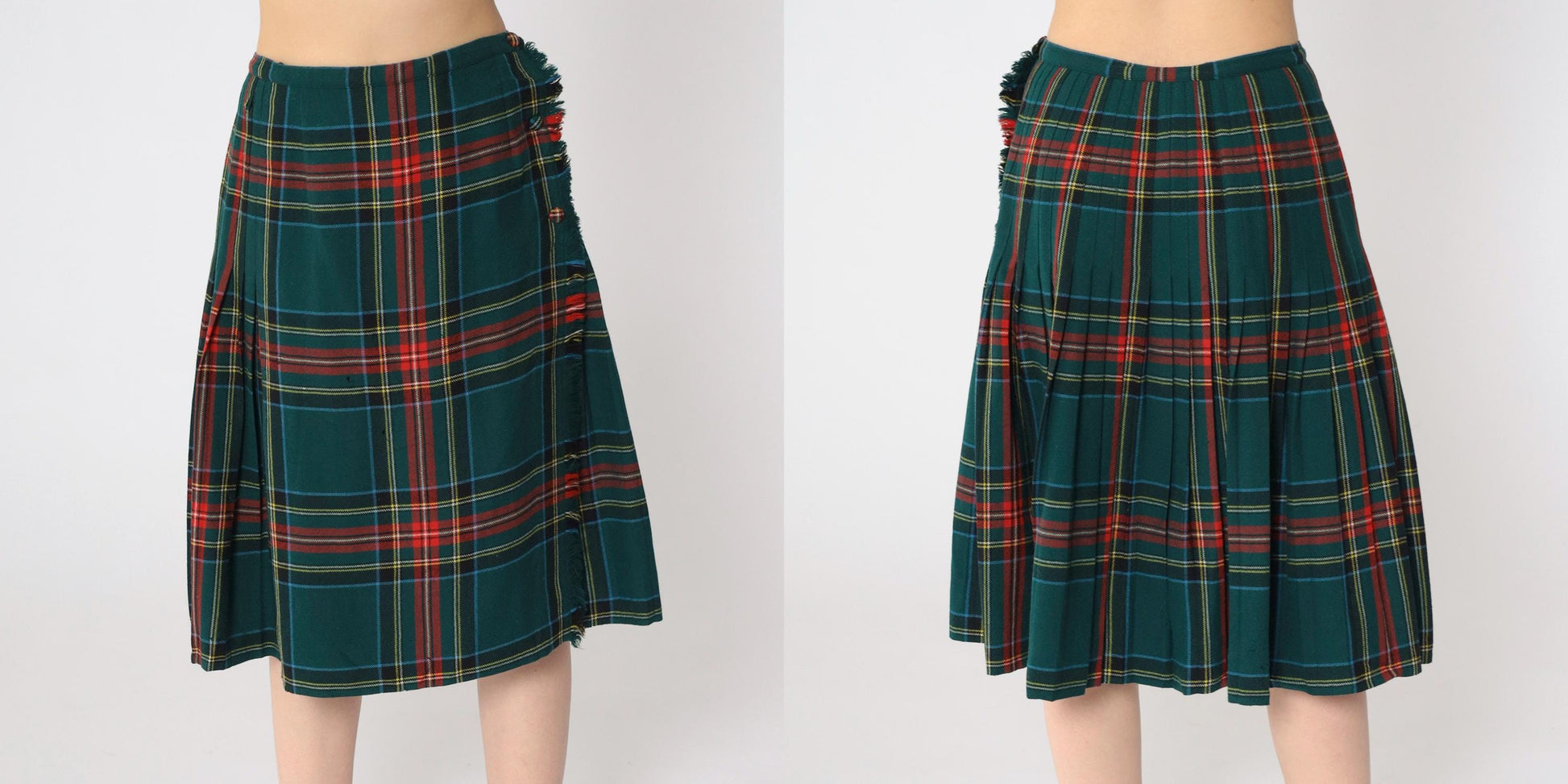 70s Green Plaid Wool Midi Skirt High Waisted Pleated Small S