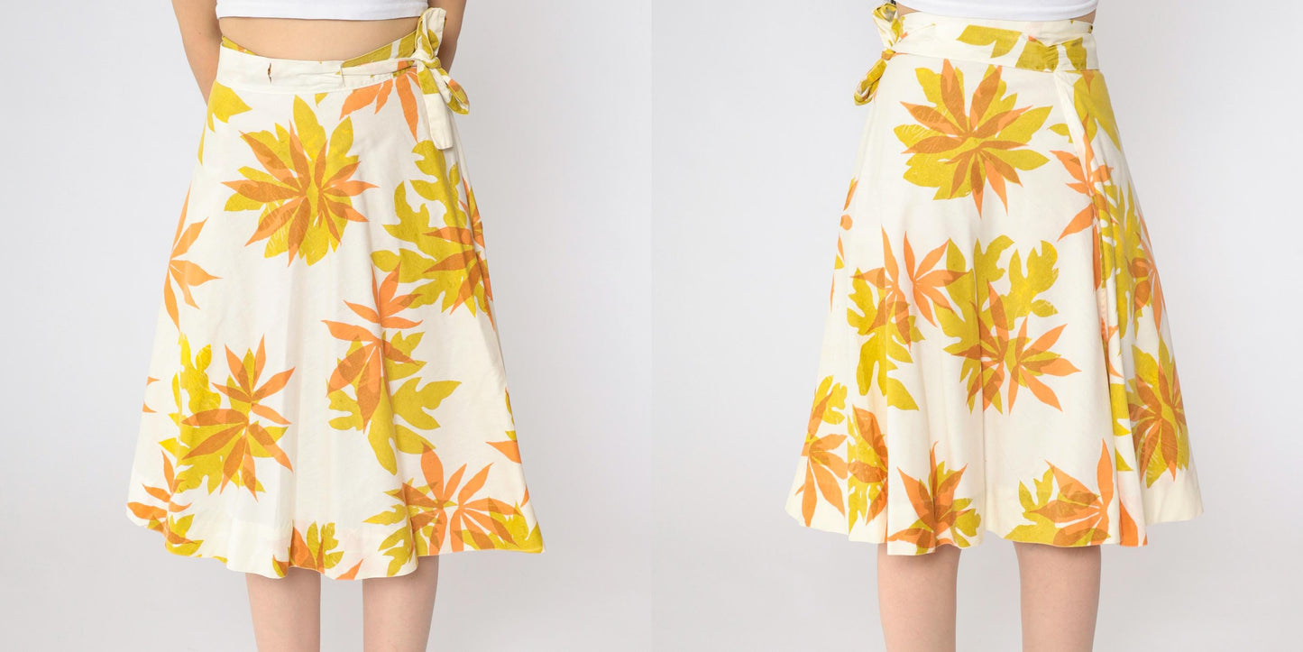 70s Tropical Floral Wrap Midi Skirt White Mustard Orange Small