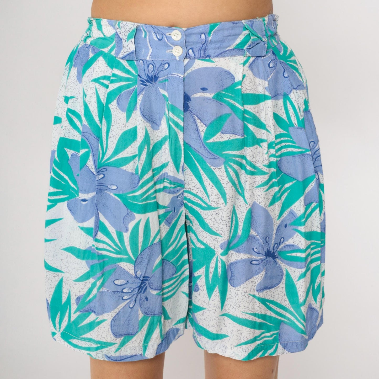 90s New Aura Floral Shorts Teal Periwinkle High Waisted Pleated Rayon Small