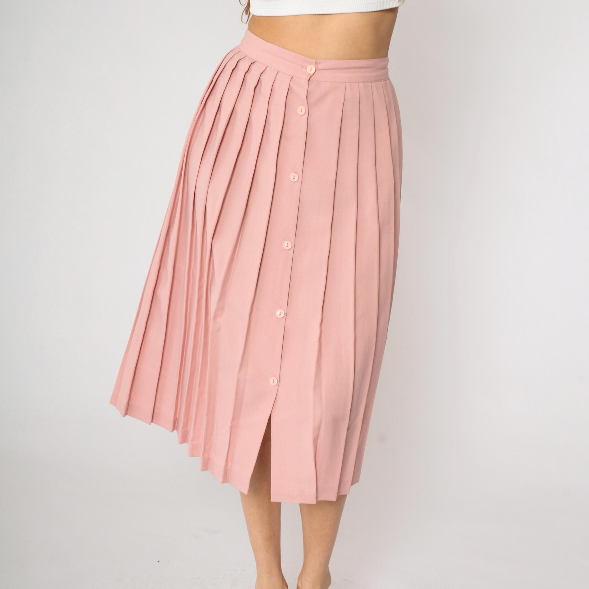 80s Nine to Five Pink Pleated Midi Skirt Button Front High Waist Small