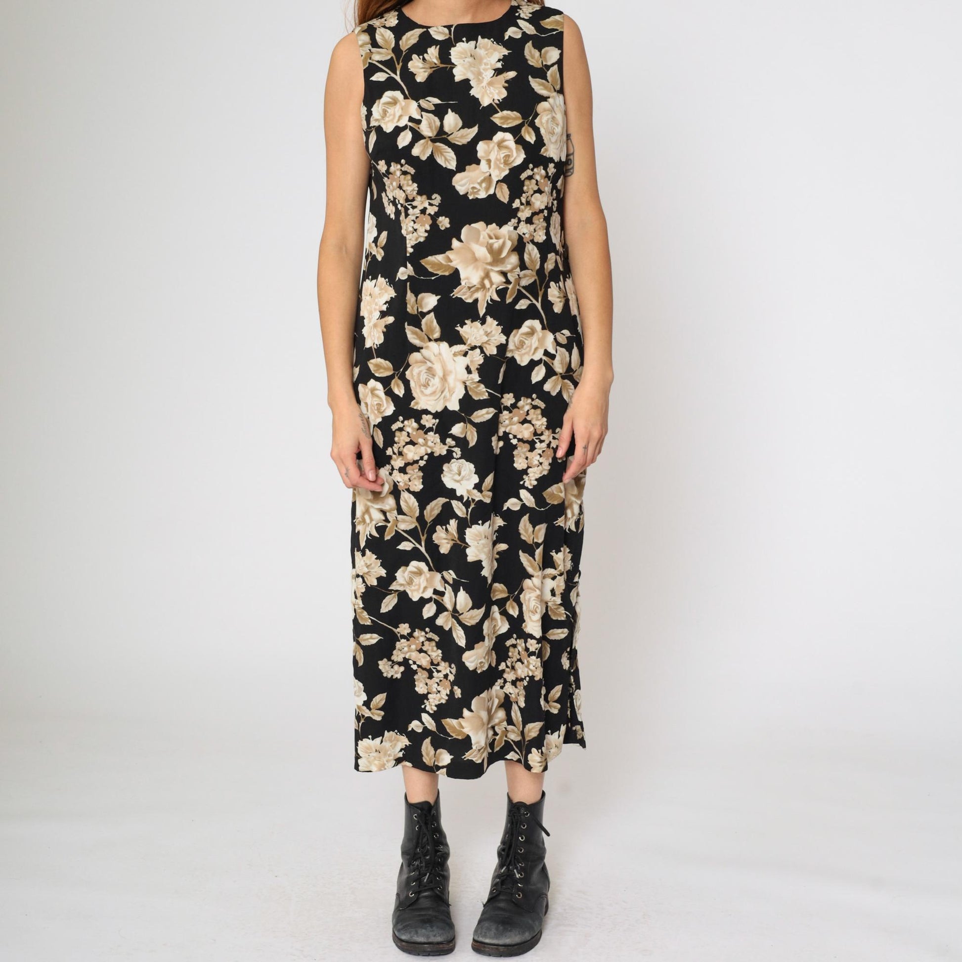 90s R & K Originals Black Floral Rose Midi Dress Sleeveless High Neck Medium 10