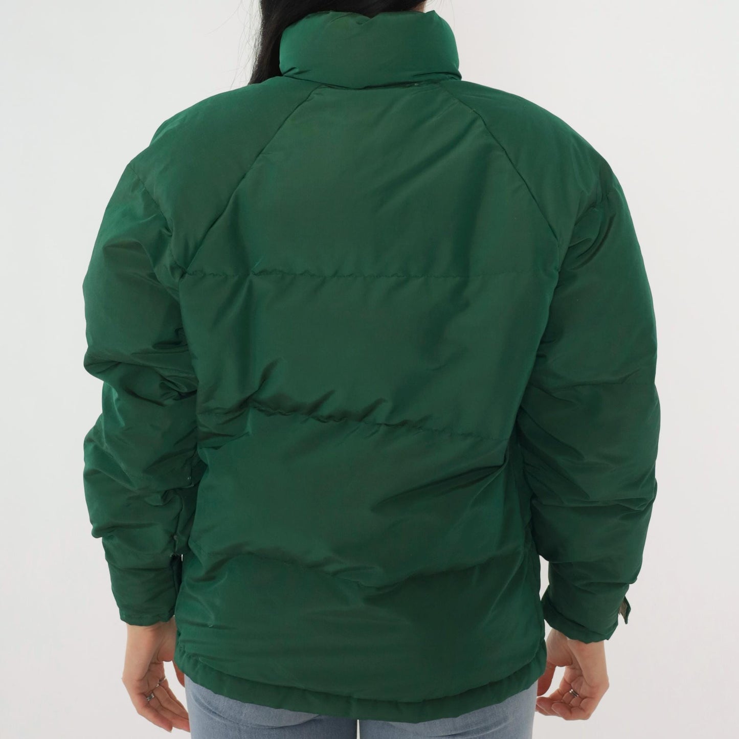 80s Green Down Puffer Jacket Nylon Ski Coat Snap Front Large L