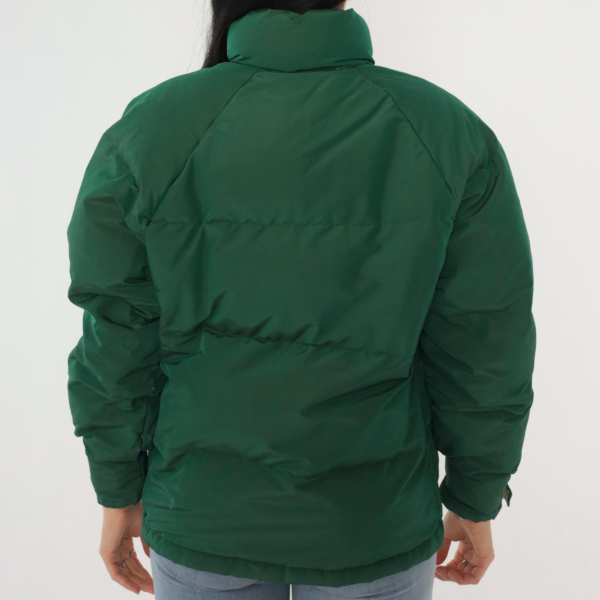 80s Green Down Puffer Jacket Nylon Ski Coat Snap Front Large L