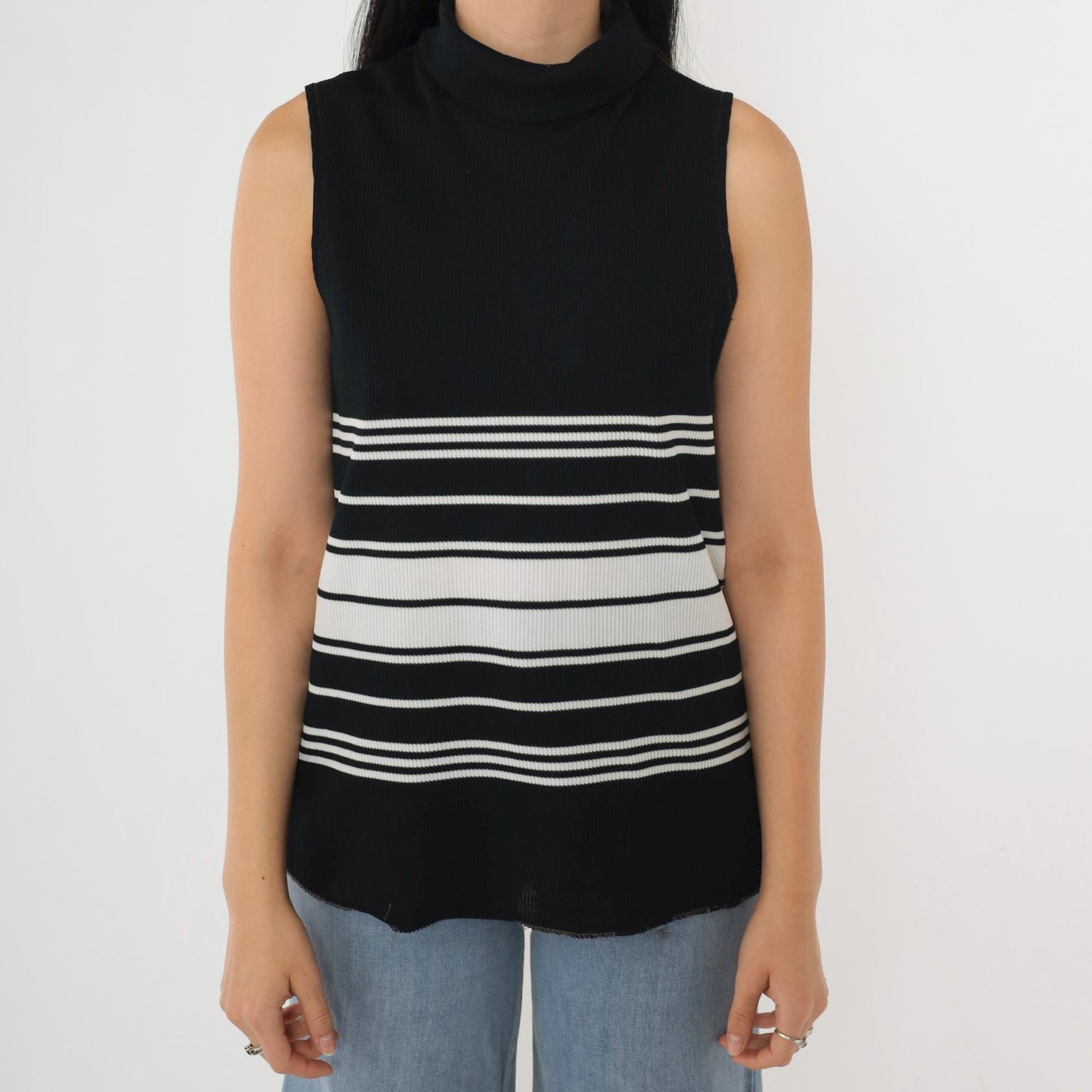 70s Black White Striped Mock Neck Tank Top Zip Back Small S