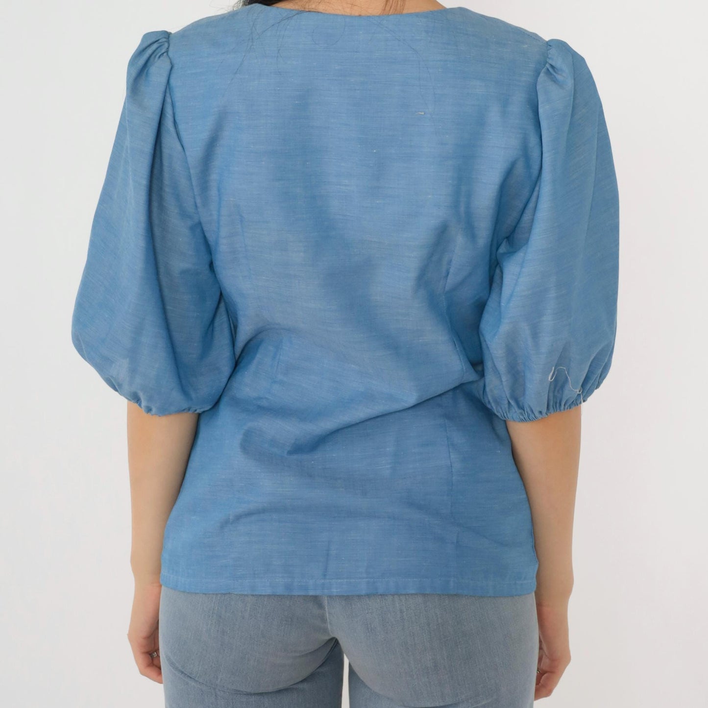 70s Alice of California Blue Puff Sleeve Button-Up Blouse Scoop Neck Small