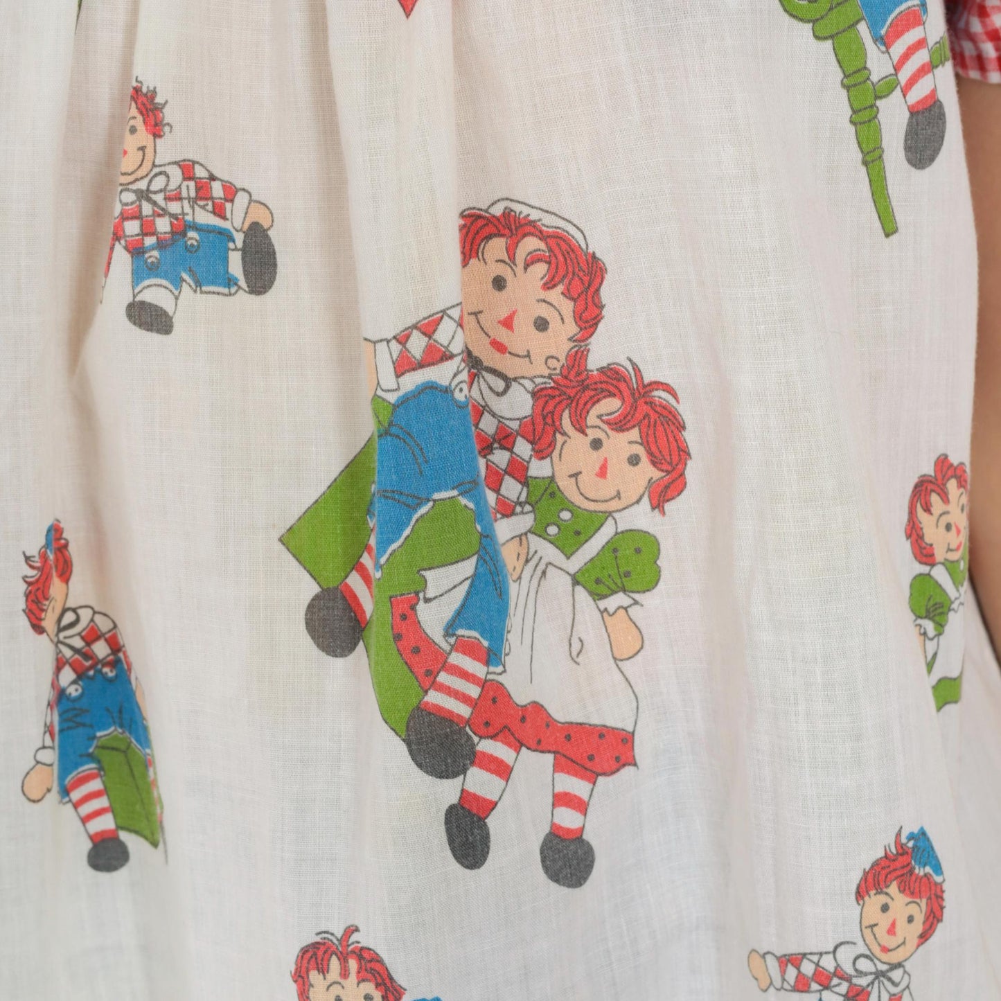 70s Raggedy Ann Pajama Shirt White Red Gingham Eyelet Puff Sleeve XXS