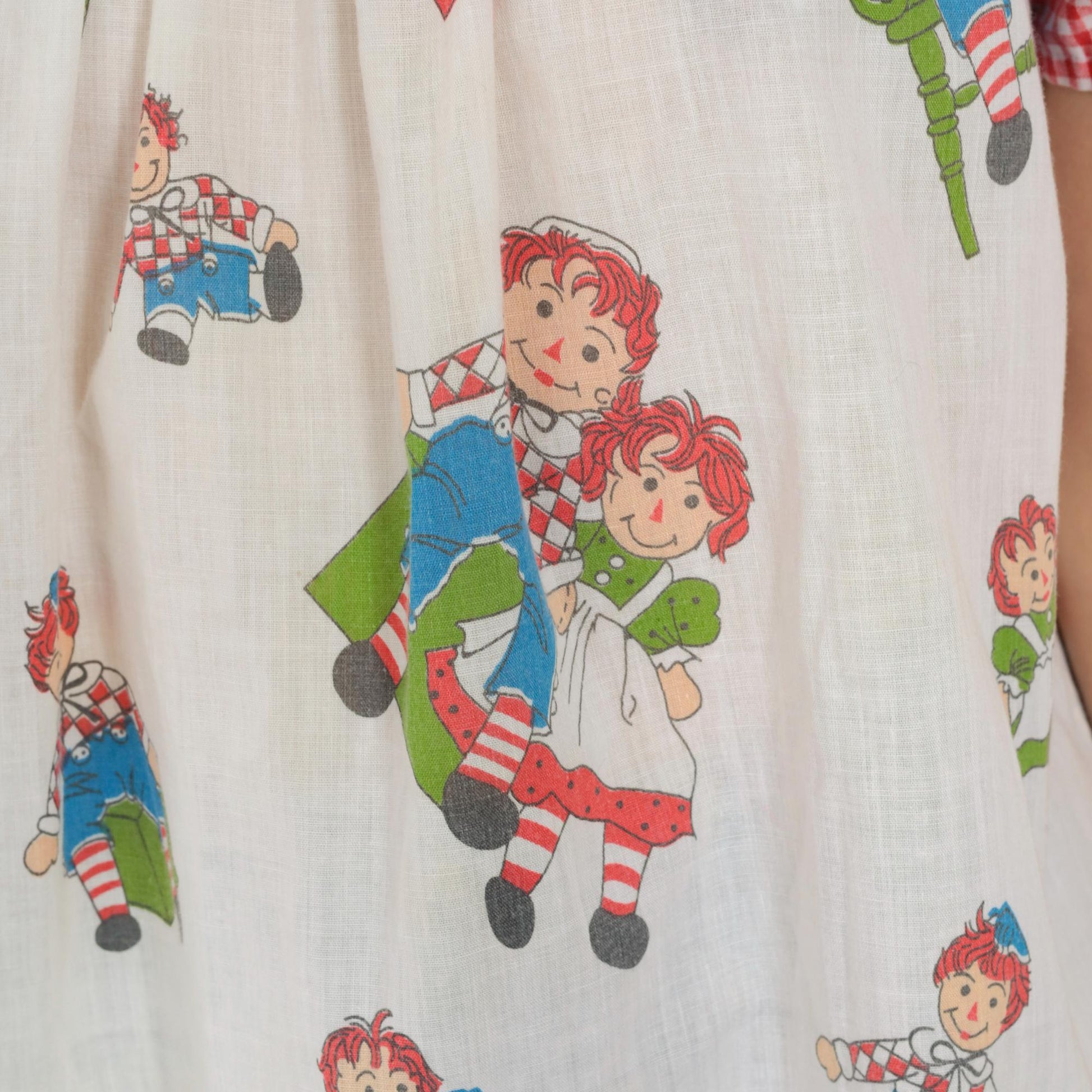 70s Raggedy Ann Pajama Shirt White Red Gingham Eyelet Puff Sleeve XXS
