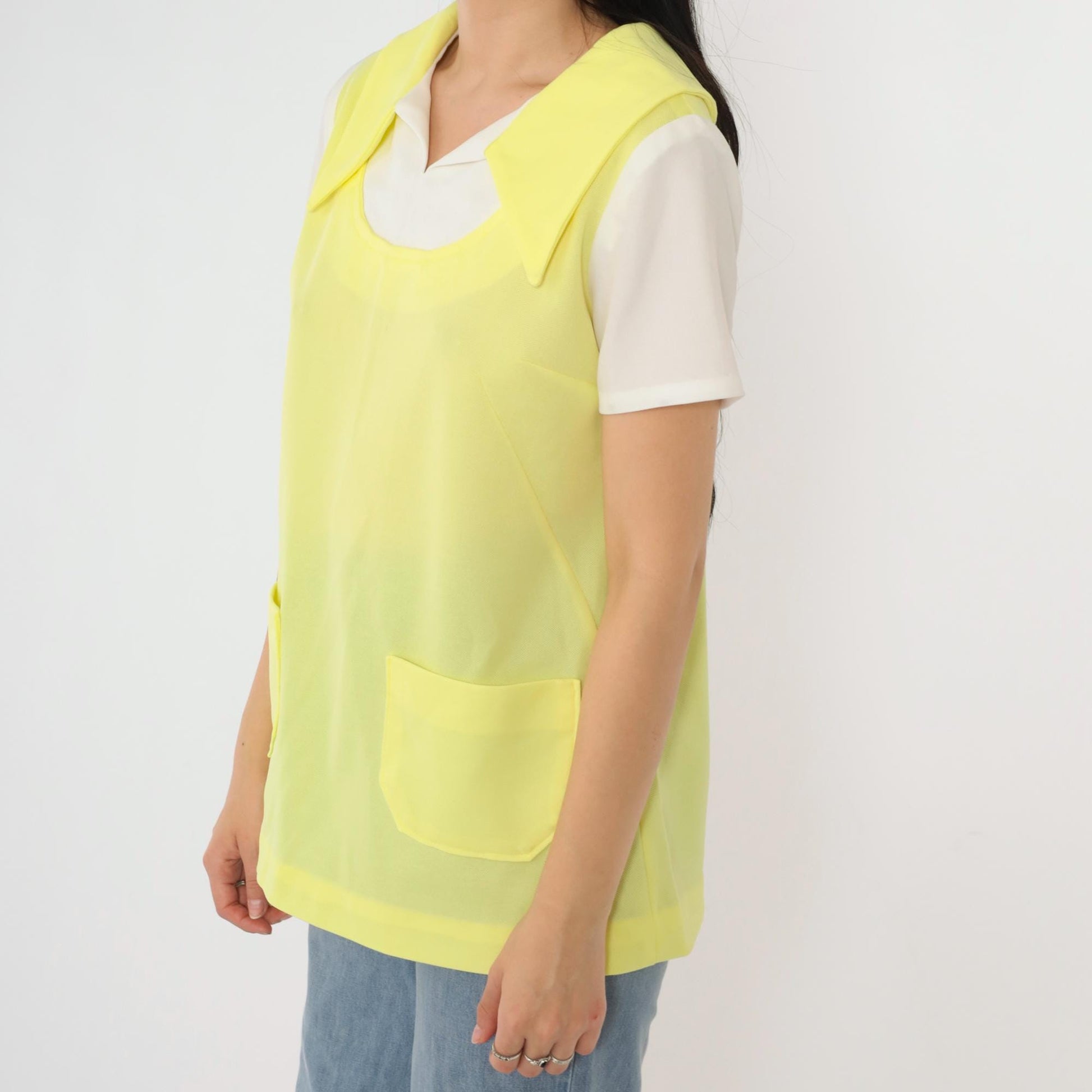 1960s Mod Yellow Pointed Collar Blouse Short Sleeve Layered Vest Pocket Top Medium M