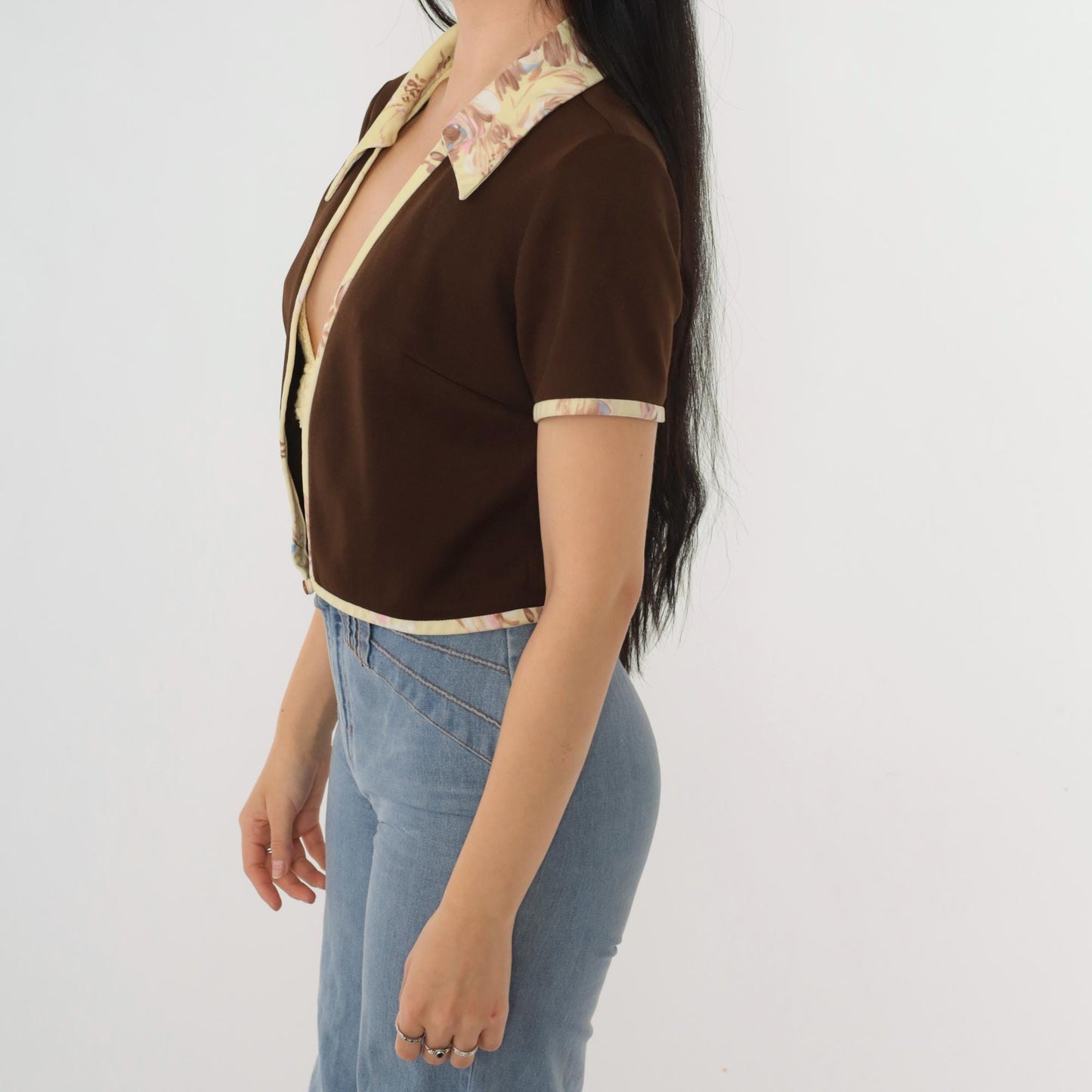 70s Brown Open Front Jacket Yellow Floral Trim Short Sleeve Medium