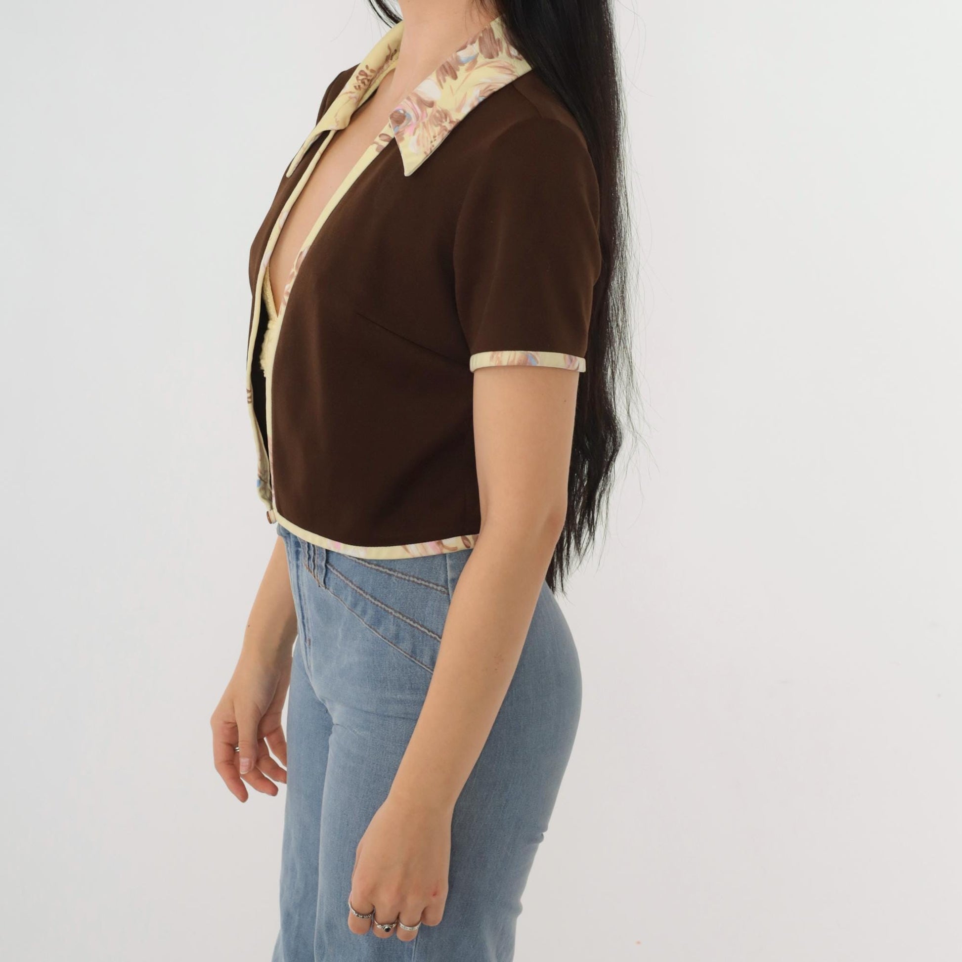 70s Brown Open Front Jacket Yellow Floral Trim Short Sleeve Medium