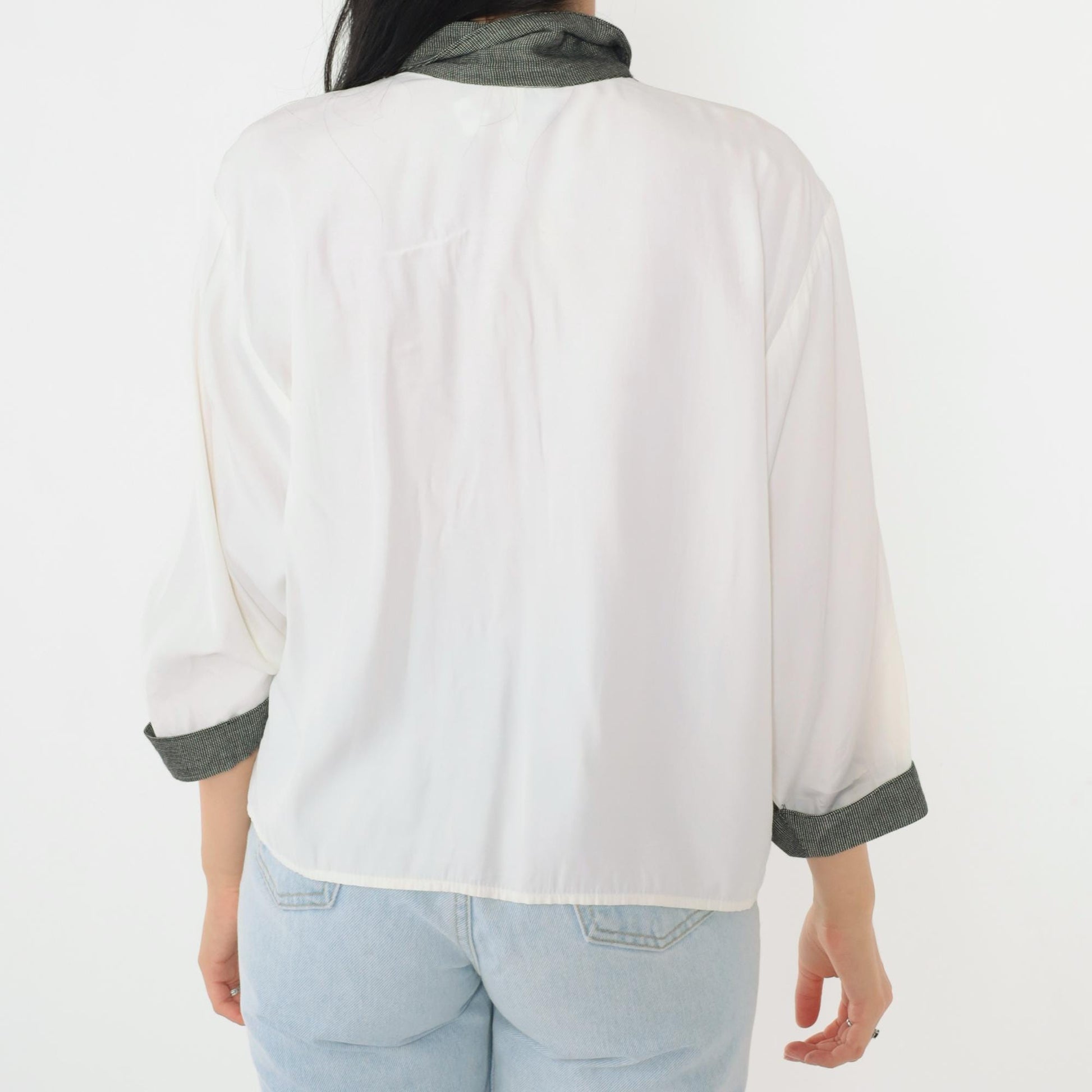90s White Button-Up Blouse Black Check Collar Hidden Placket 3/4 Sleeve Large L
