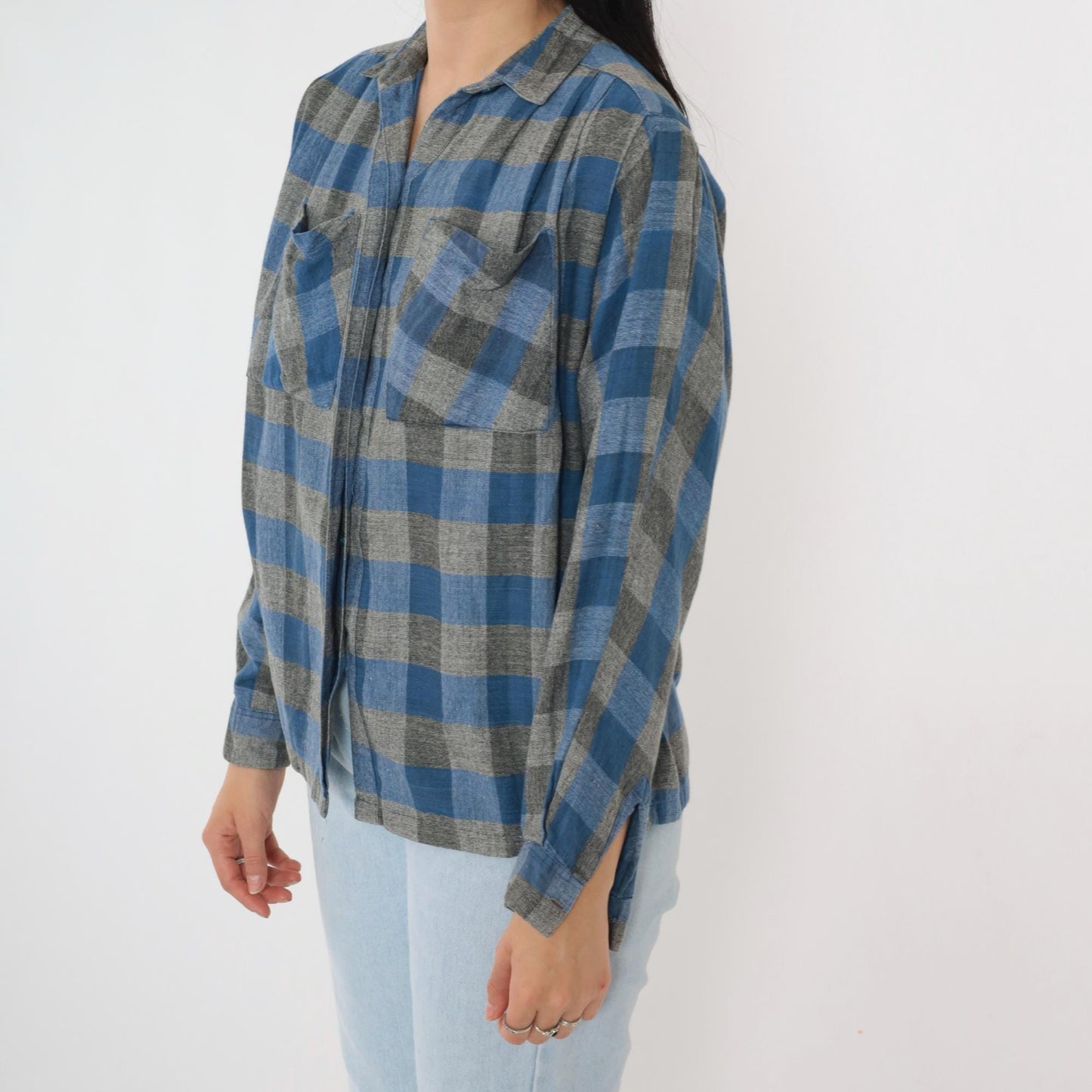 90s Buffalo Plaid Button-Up Shirt Blue Grey Checkered Cotton Small