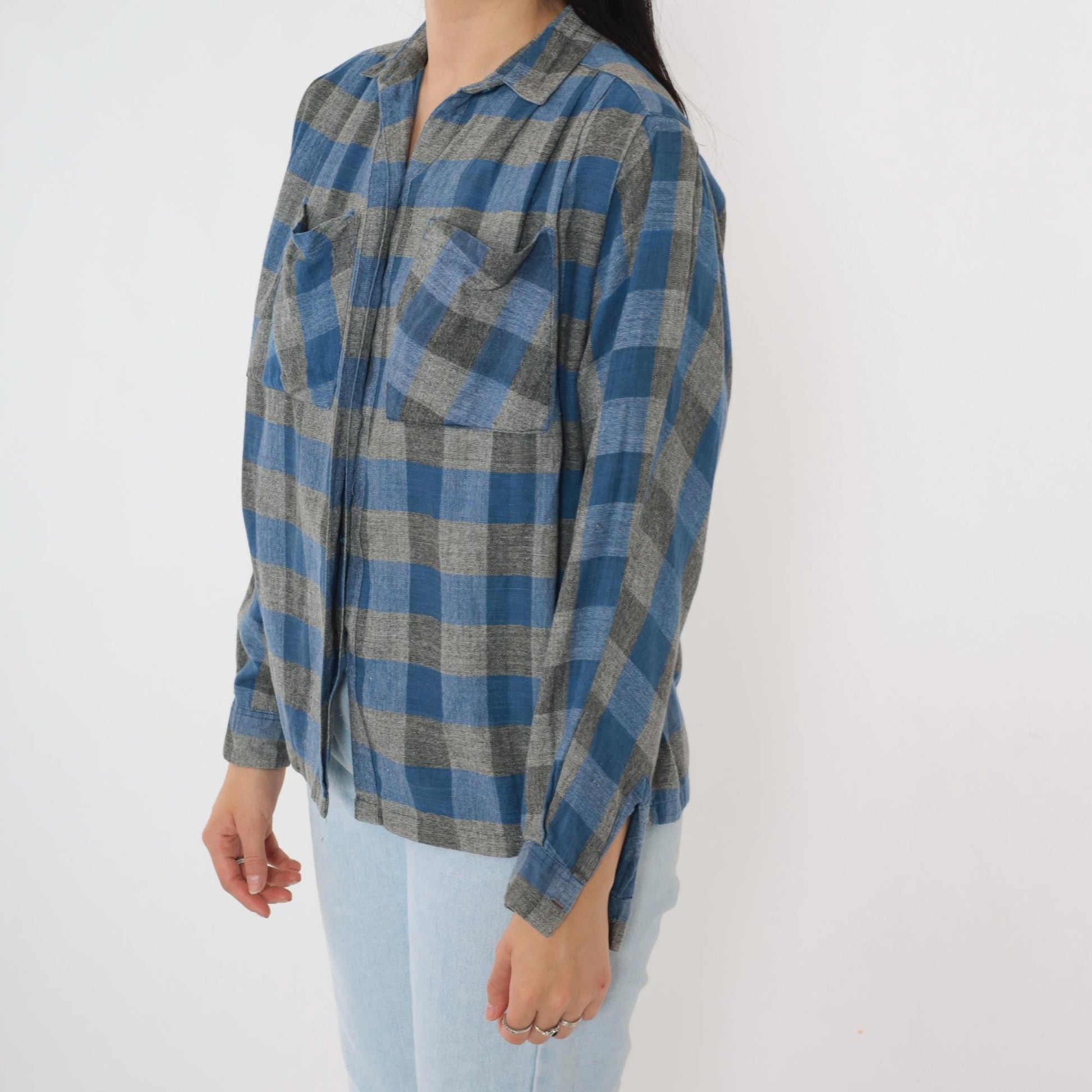 90s Buffalo Plaid Button-Up Shirt Blue Grey Checkered Cotton Small