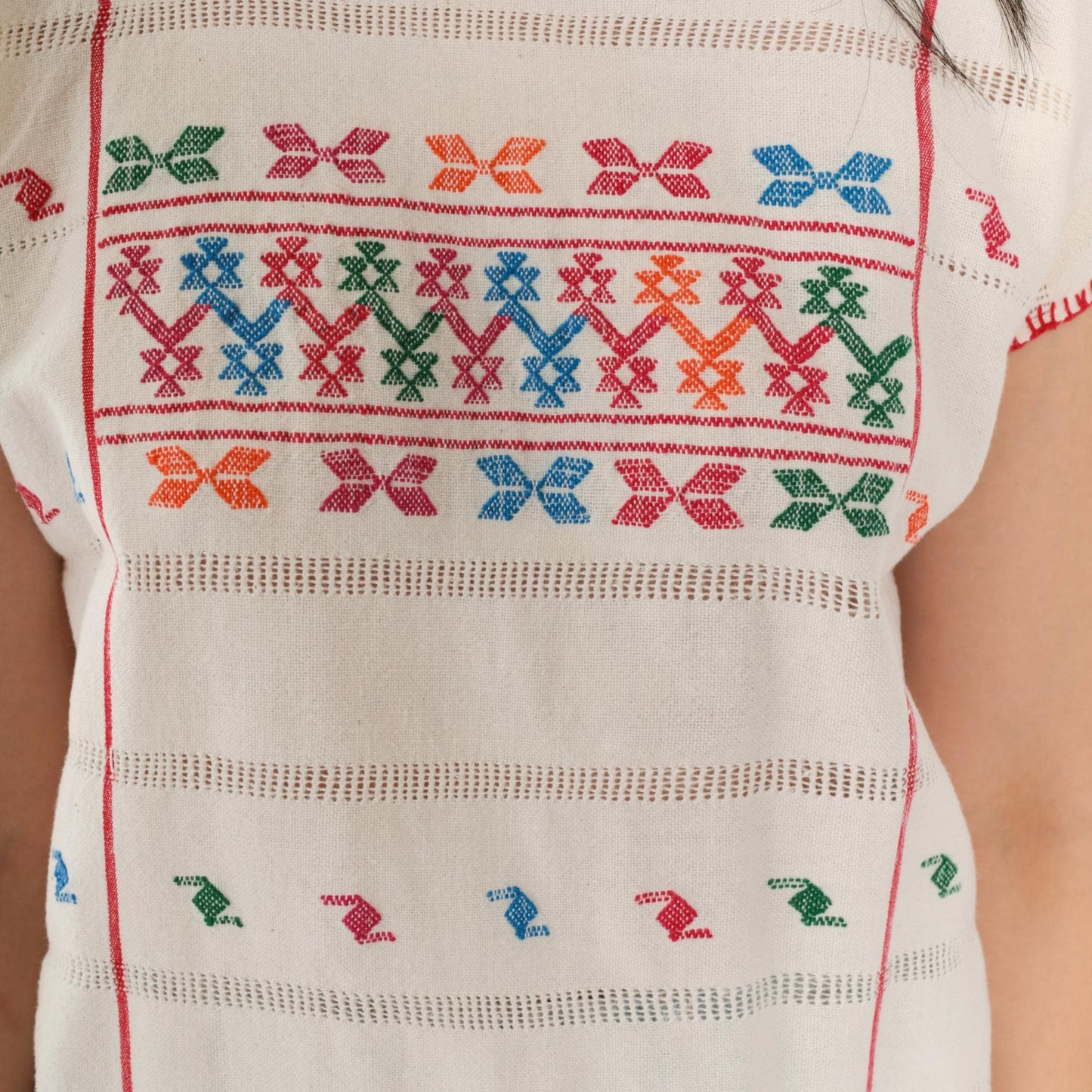 90s Mexican Embroidered Blouse Cream Geometric Cutwork Tunic Small