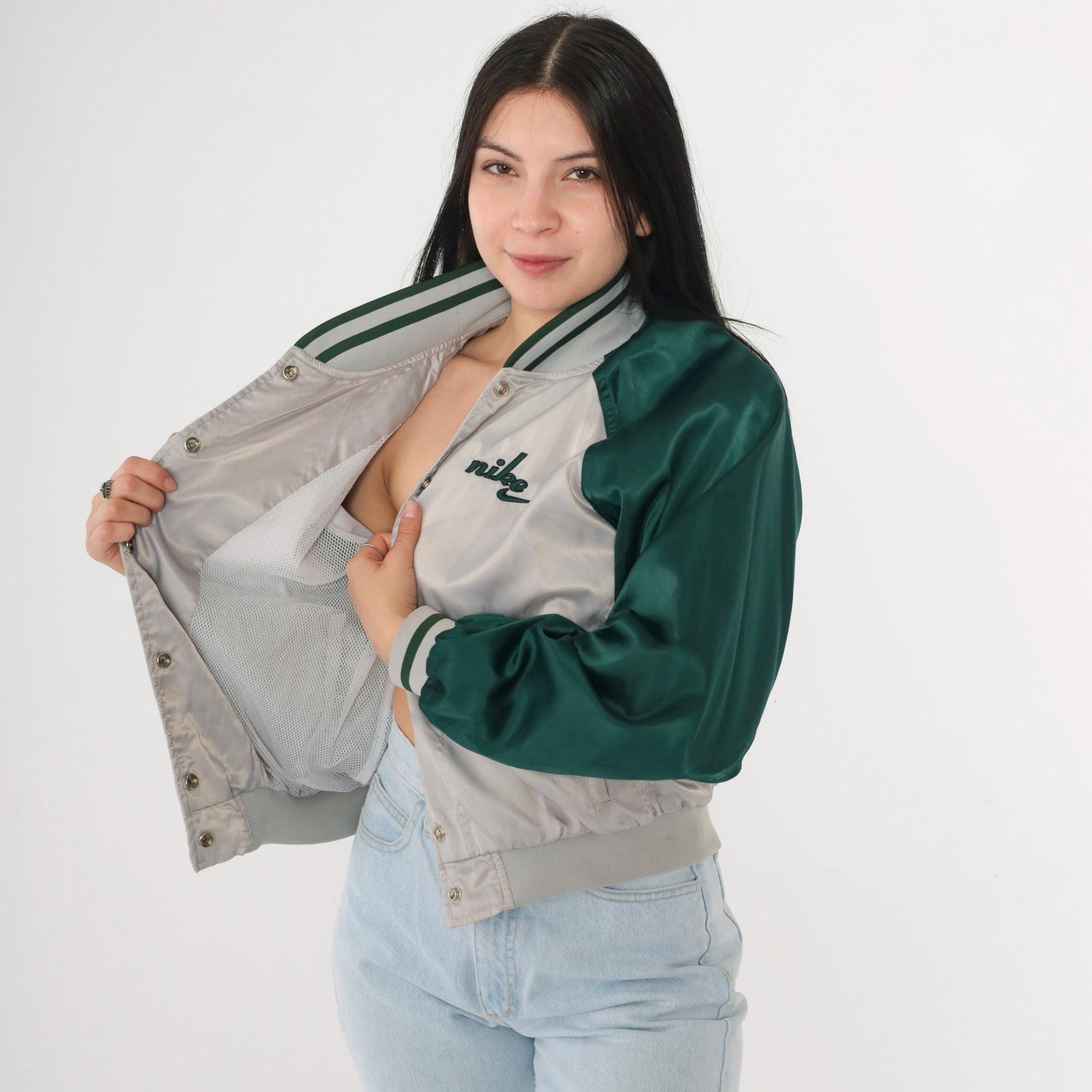 Y2K Nike Silver Satin Bomber Jacket Green Raglan Sleeve Small