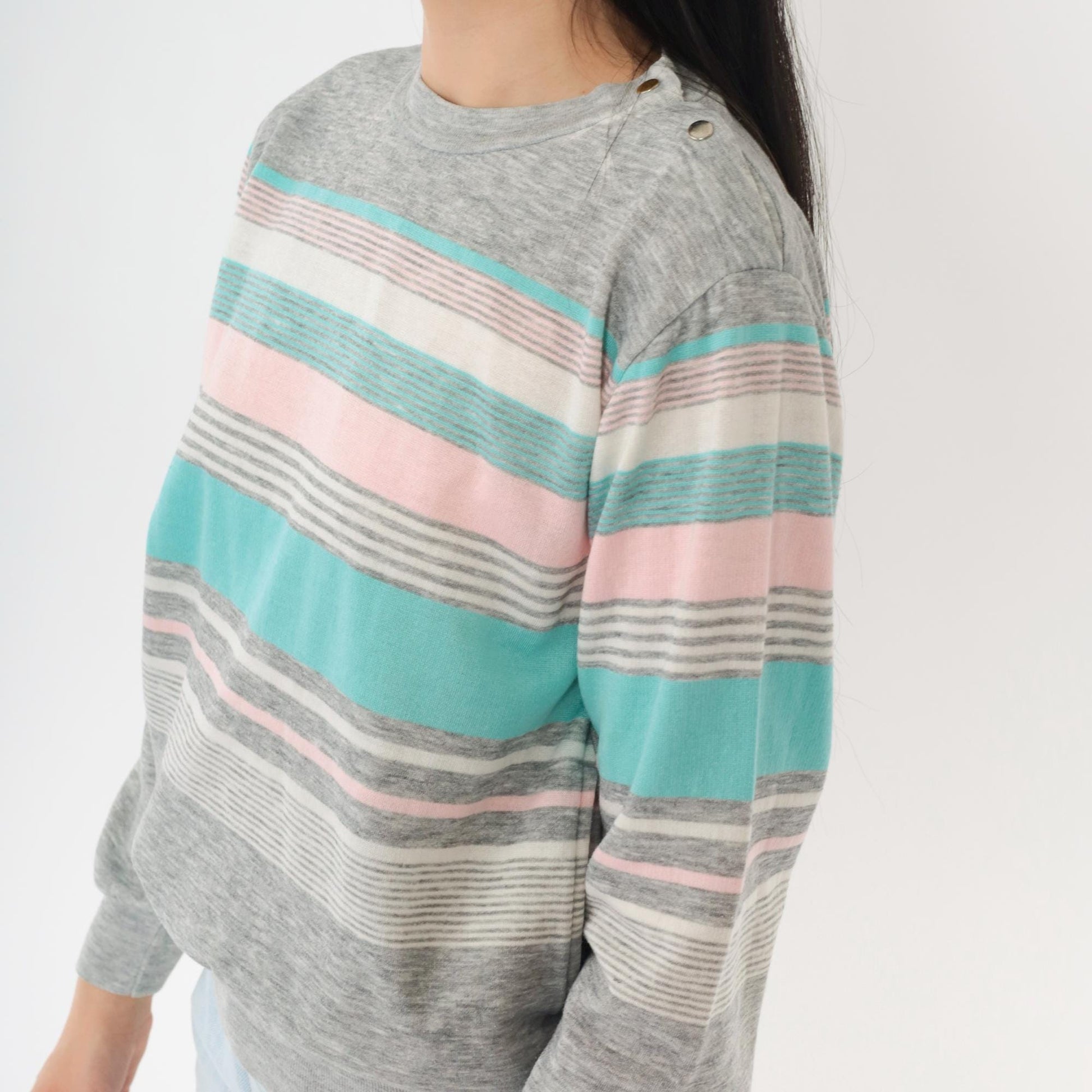 80s Striped Crewneck Sweatshirt Heather Grey Pink Turquoise Snap Shoulder Small