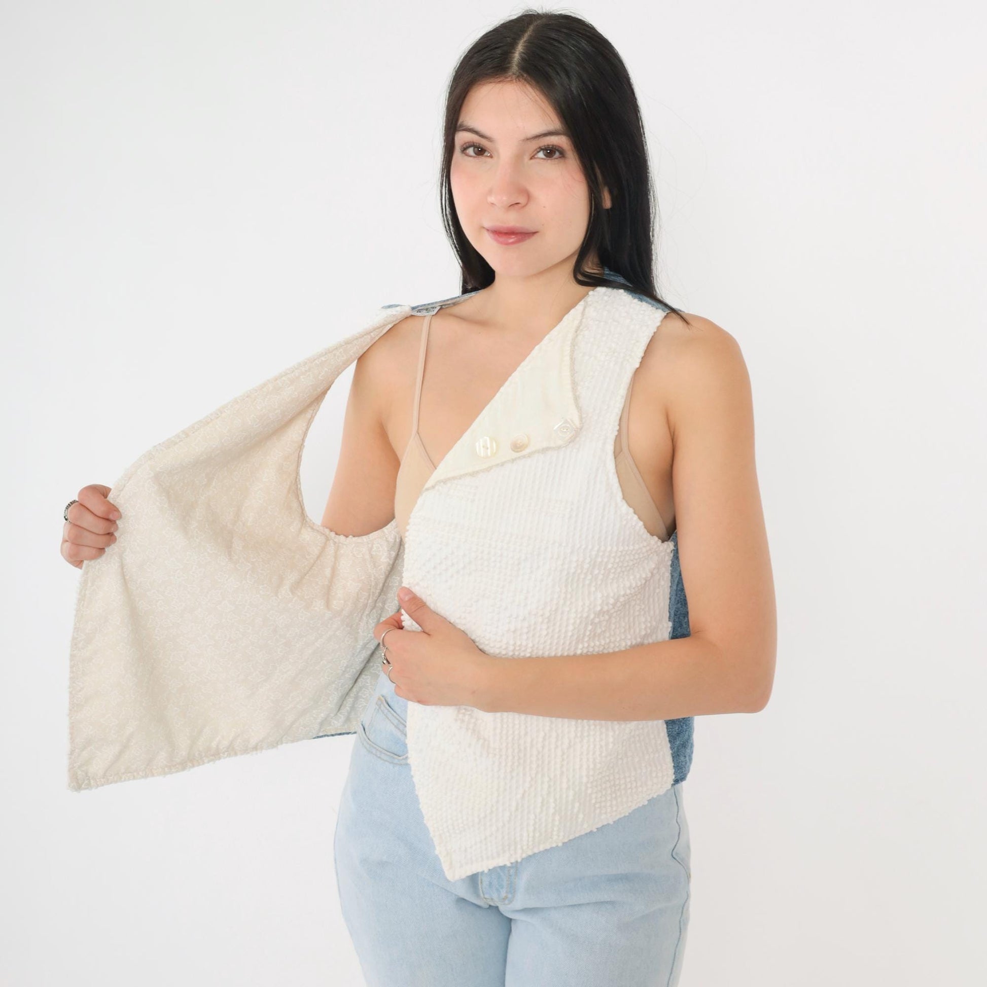 90s Reversible Vest White Nubby Texture Floral Chambray Denim Medium M