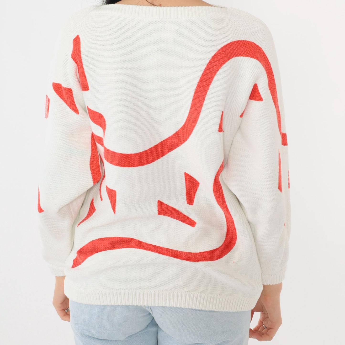 80s Richard & Co. Cotton Sweater Red Abstract Geometric Print Boatneck Small S