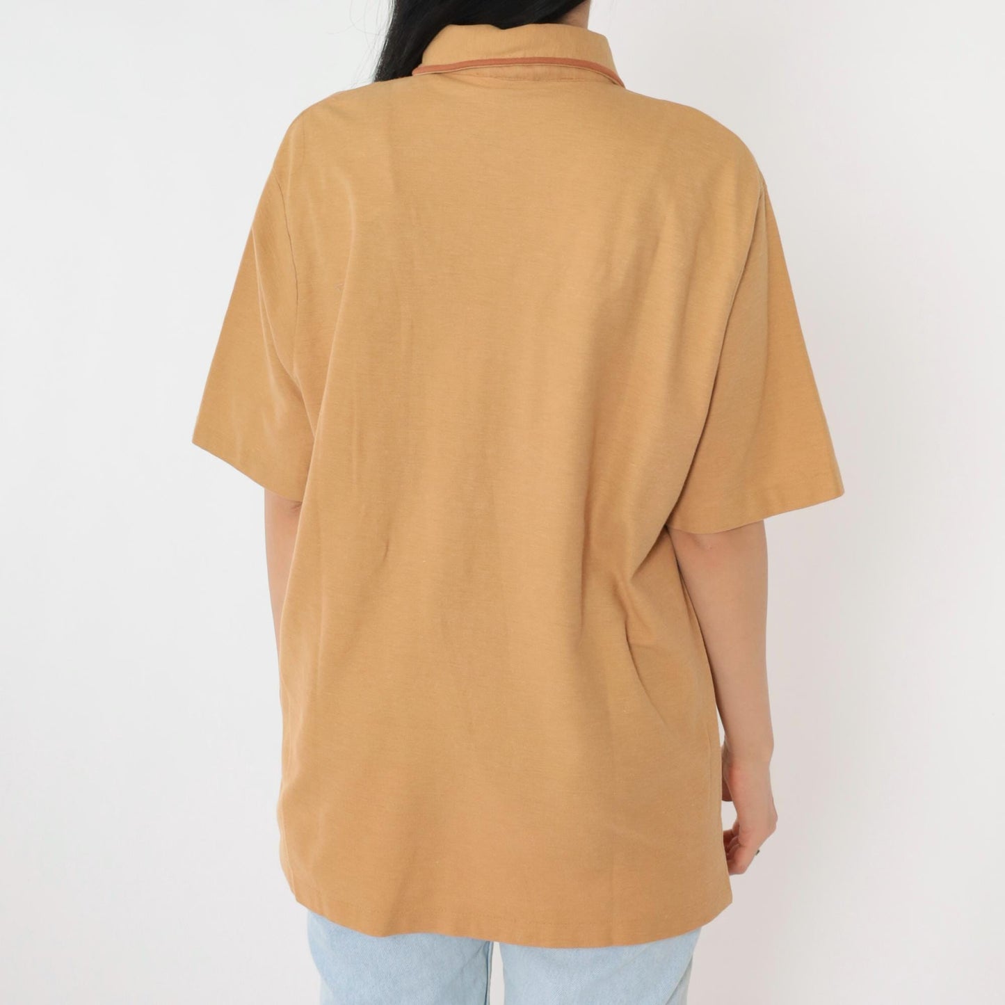 70s Tan Polo Shirt Brown Trim Collared Short Sleeve Men's Large